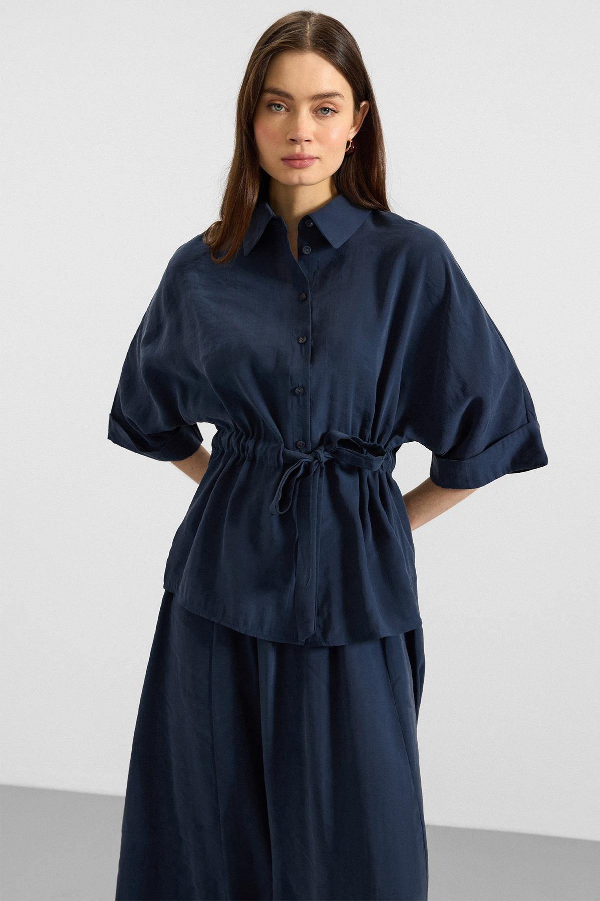 Belden Büzgülü Truvakar Kollu Modal Gömlek LACİVERT 9409