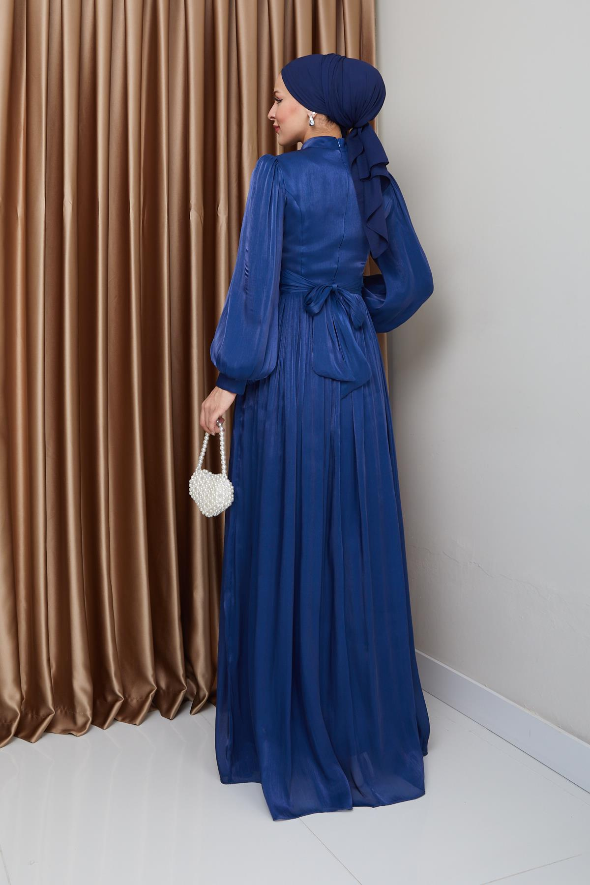 Yoryo Silk Hijab Evening Dress with Belted Waist and Gathered Detail K. INDIGO 1225
