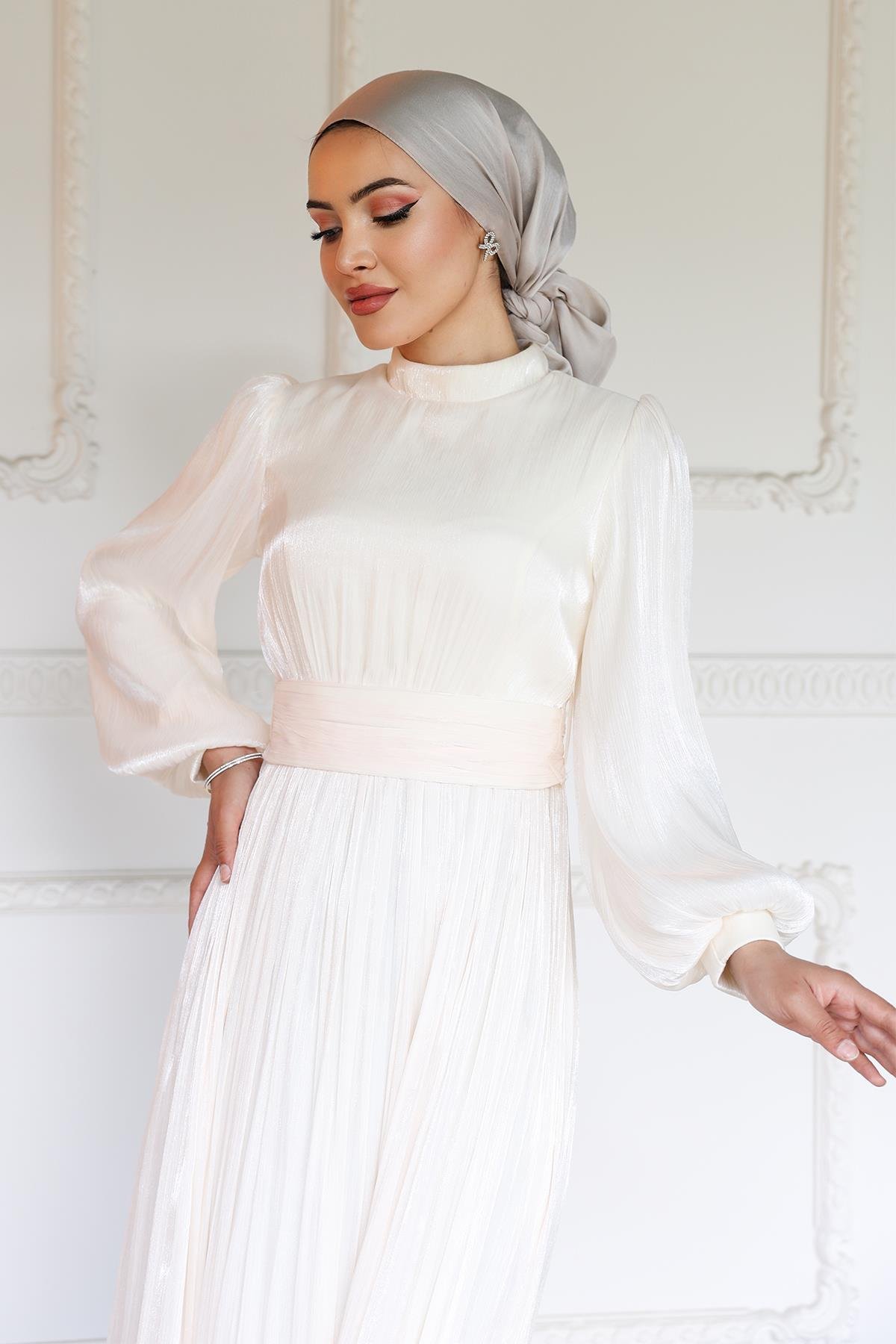 Yoryo Silk Hijab Evening Dress with Belted Waist and Gathered Detail IVORY 1225