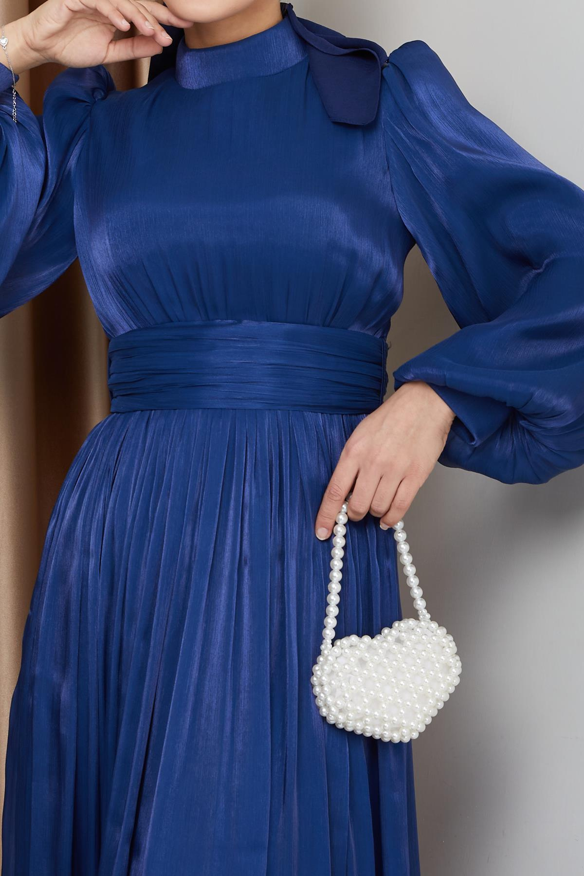 Yoryo Silk Hijab Evening Dress with Belted Waist and Gathered Detail K. INDIGO 1225