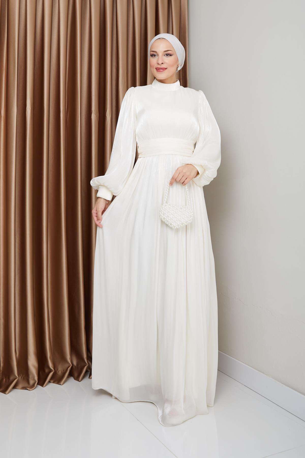 فستان سهرة حريري من يوريو للحجاب مع حزام خصر وتفاصيل مجمعة وحدة التحكم الإلكترونية 1225