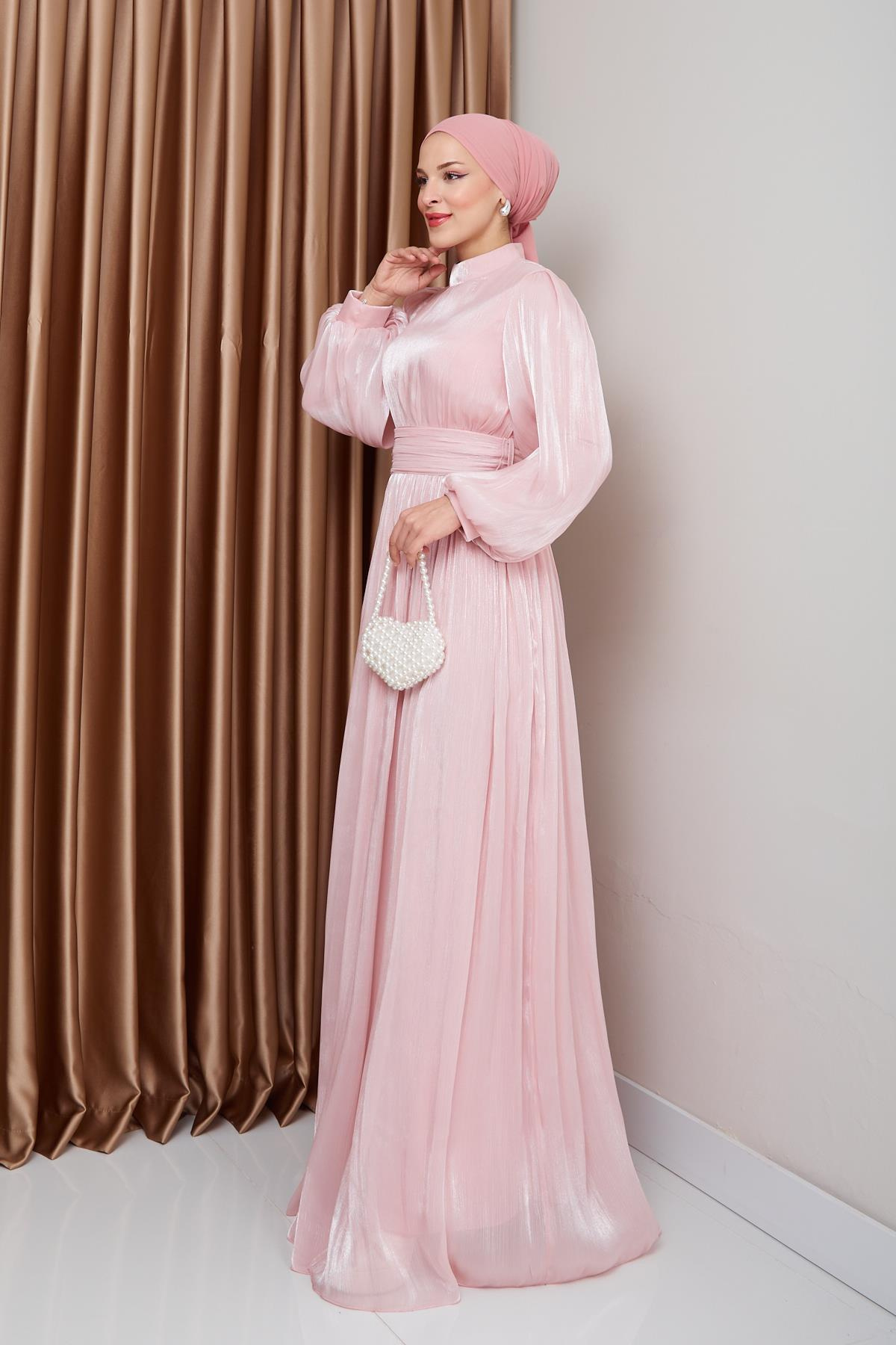 فستان سهرة حريري من يوريو للحجاب مع حزام خصر وتفاصيل مجمعة مسحوق 1225