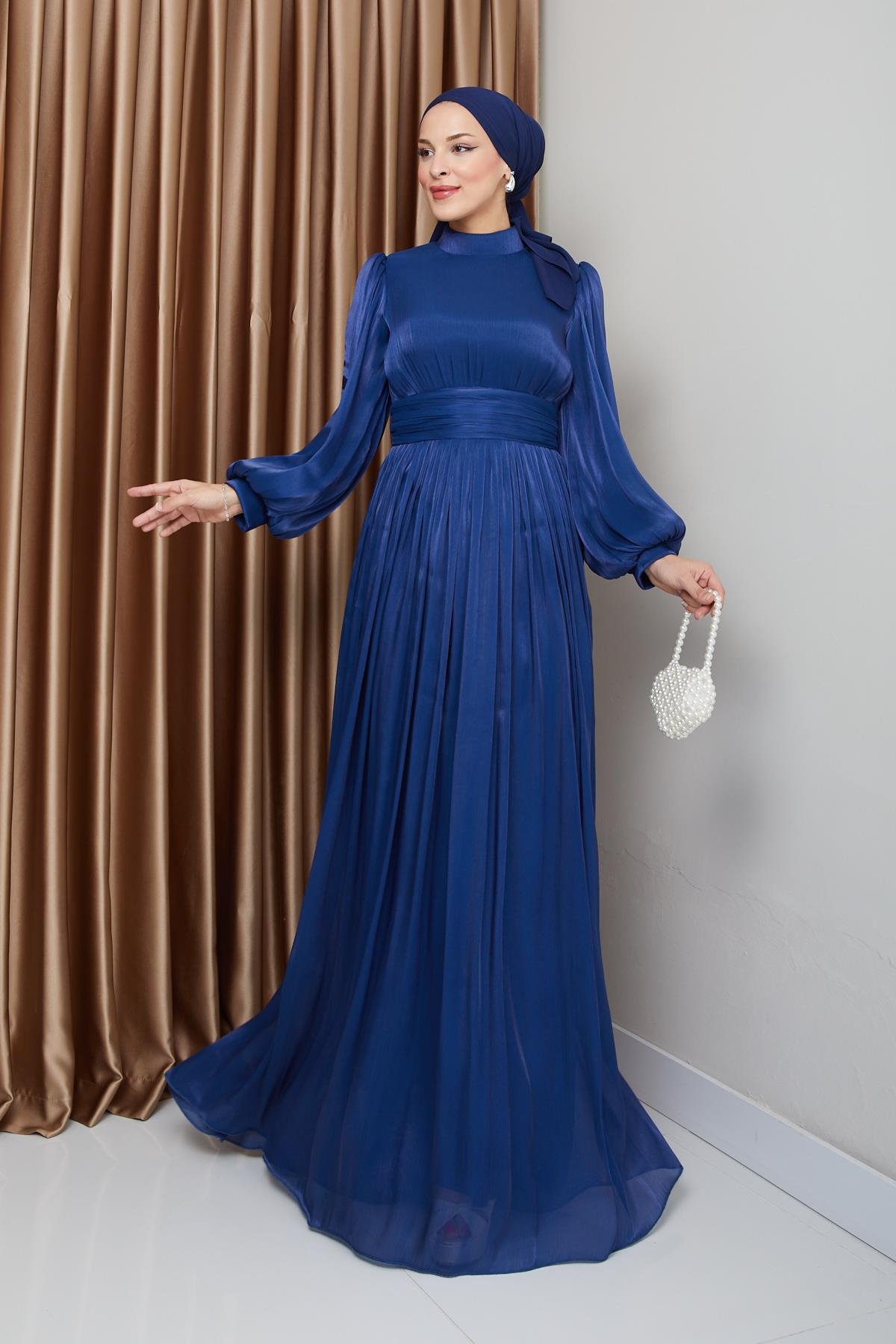 Yoryo Silk Hijab Evening Dress with Belted Waist and Gathered Detail K. INDIGO 1225