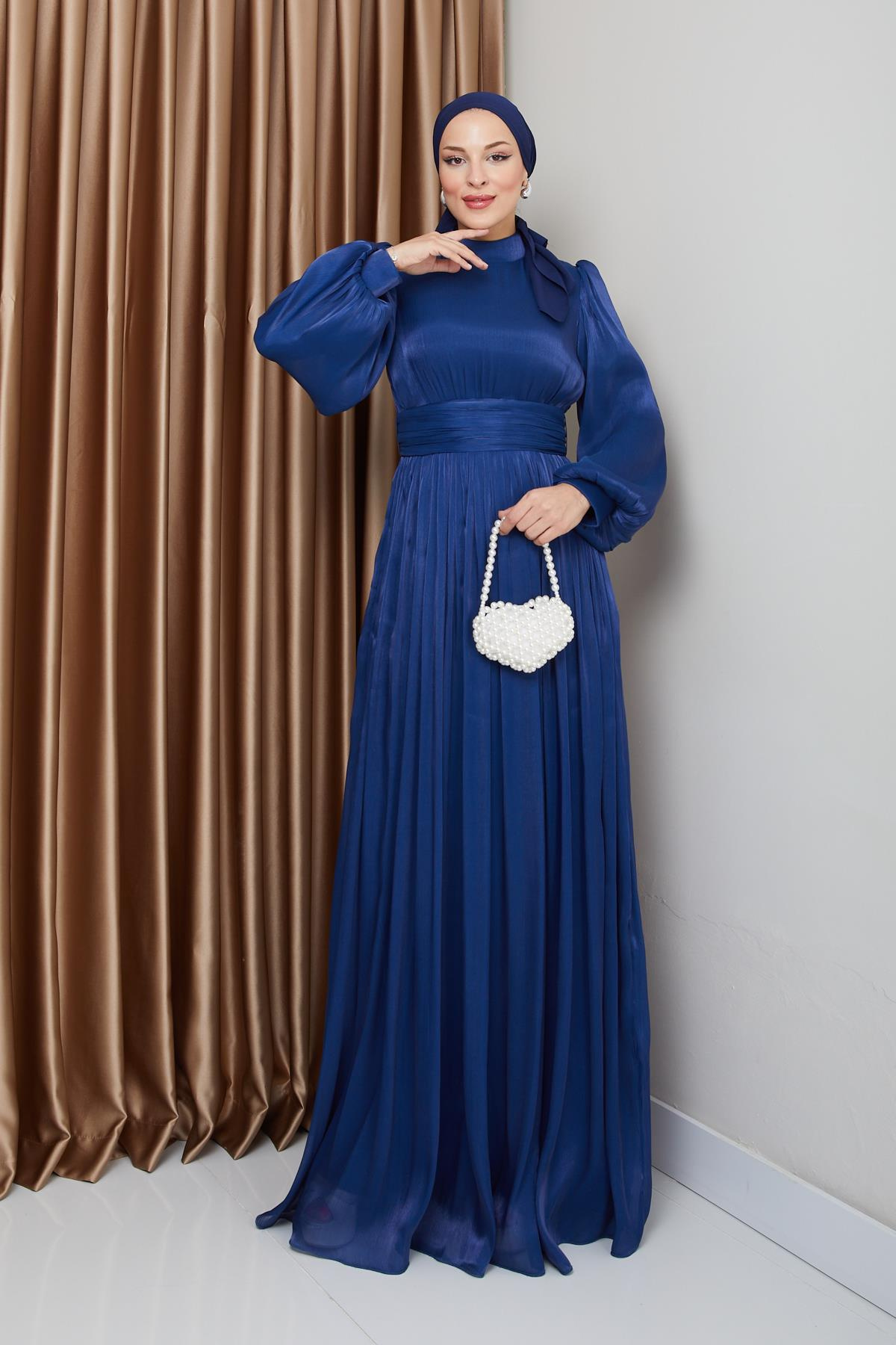 Yoryo Silk Hijab Evening Dress with Belted Waist and Gathered Detail K. INDIGO 1225