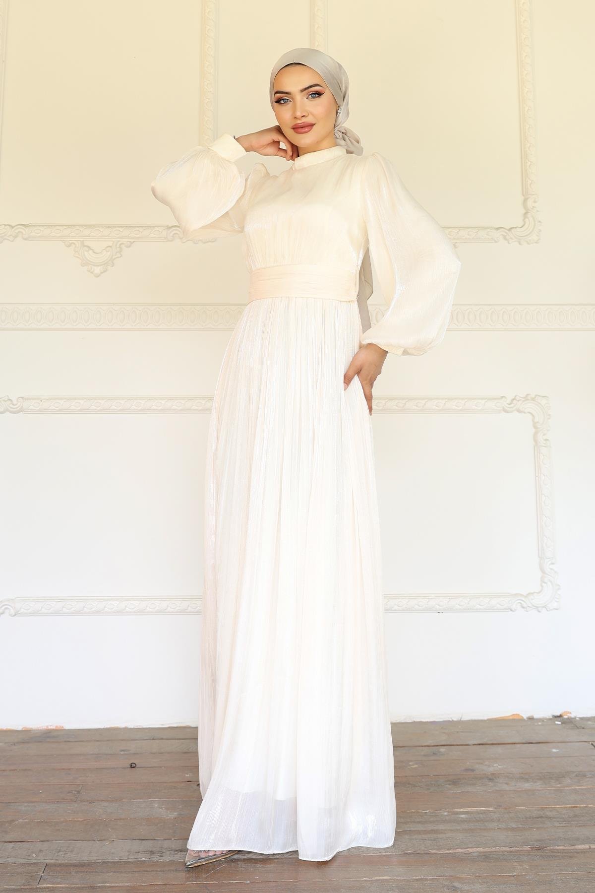 Yoryo Silk Hijab Evening Dress with Belted Waist and Gathered Detail IVORY 1225