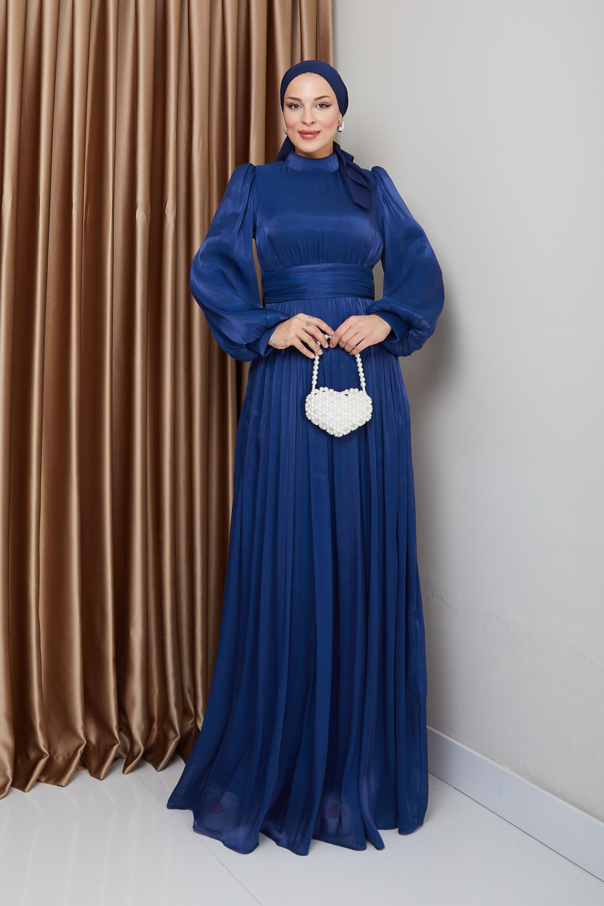 Yoryo Silk Hijab Evening Dress with Belted Waist and Gathered Detail K. INDIGO 1225