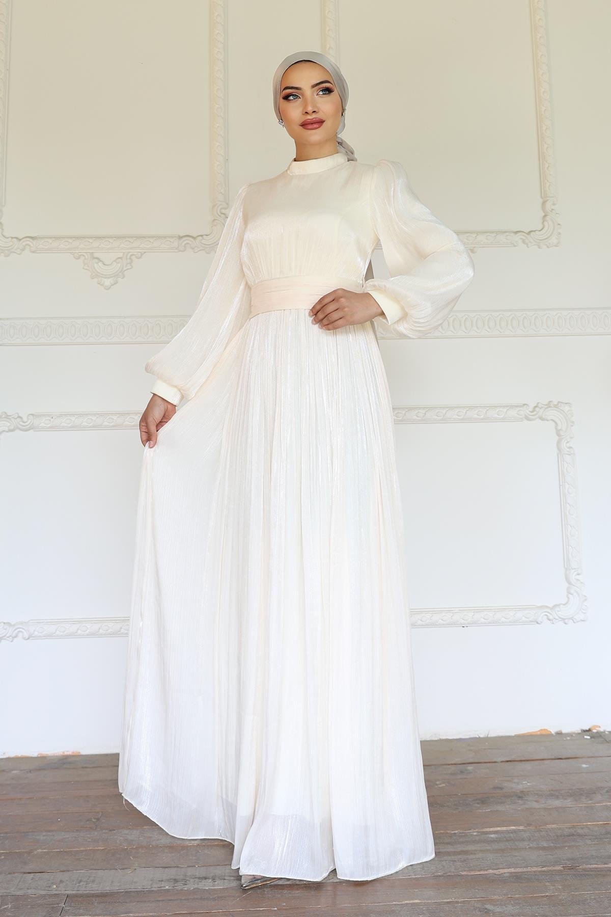 Yoryo Silk Hijab Evening Dress with Belted Waist and Gathered Detail IVORY 1225