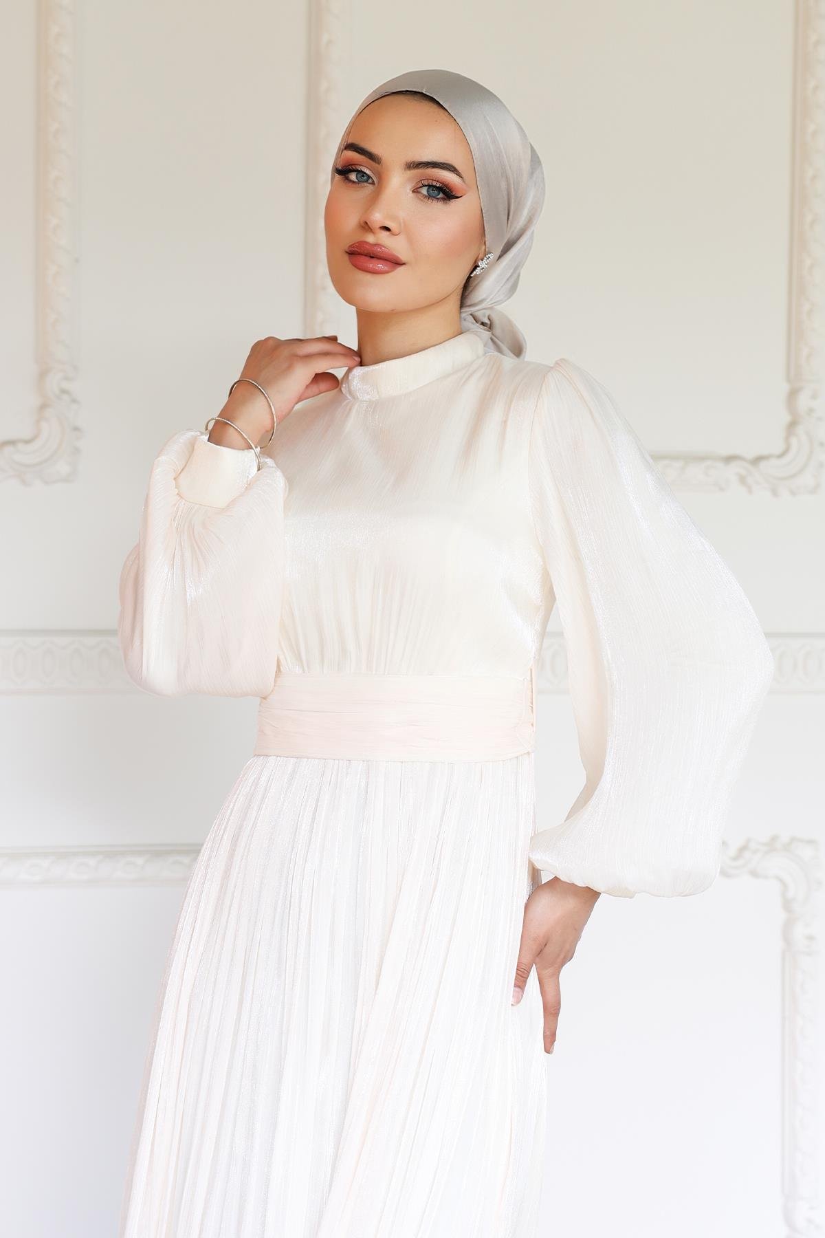 Yoryo Silk Hijab Evening Dress with Belted Waist and Gathered Detail IVORY 1225
