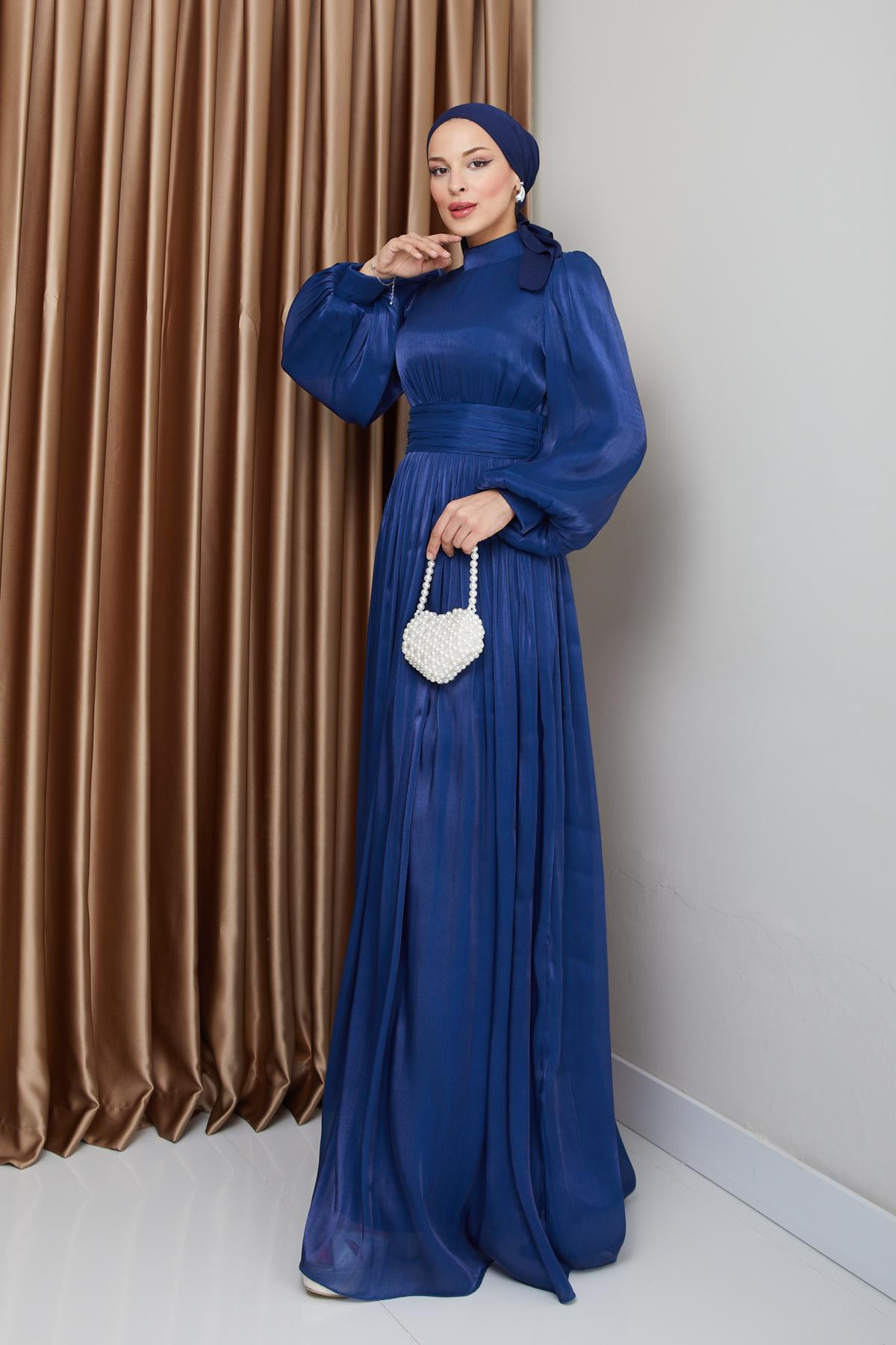 Yoryo Silk Hijab Evening Dress with Belted Waist and Gathered Detail K. INDIGO 1225