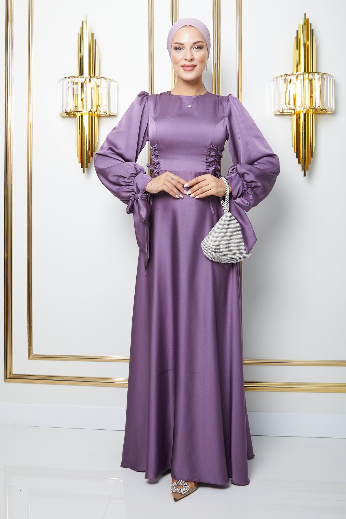 Flared Hijab Evening Dress with Tied Waist Detail and Armhole K. LILA 1673