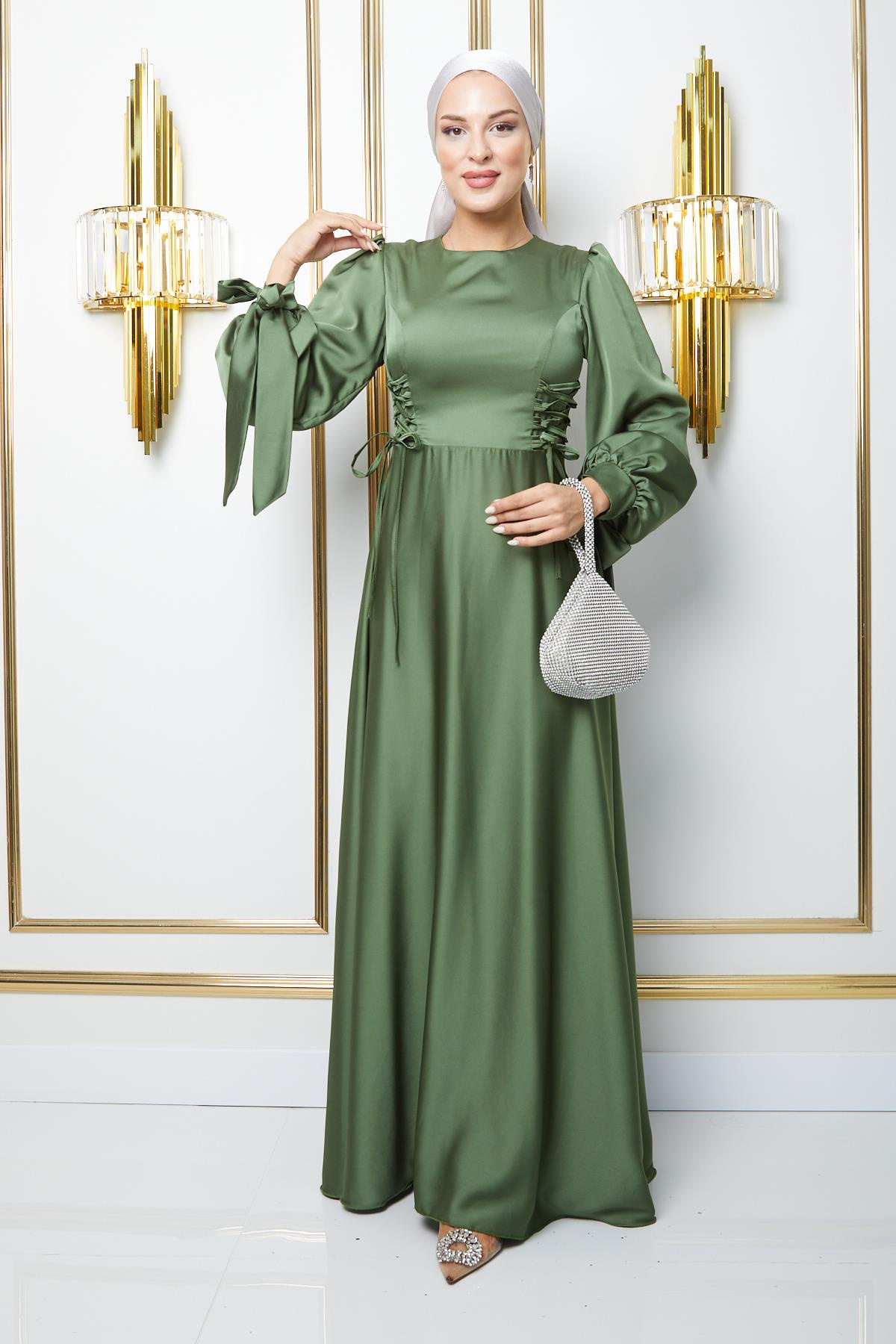 Flared Hijab Evening Dress with Tied Waist Detail and Armhole LIGHT GREEN 1673