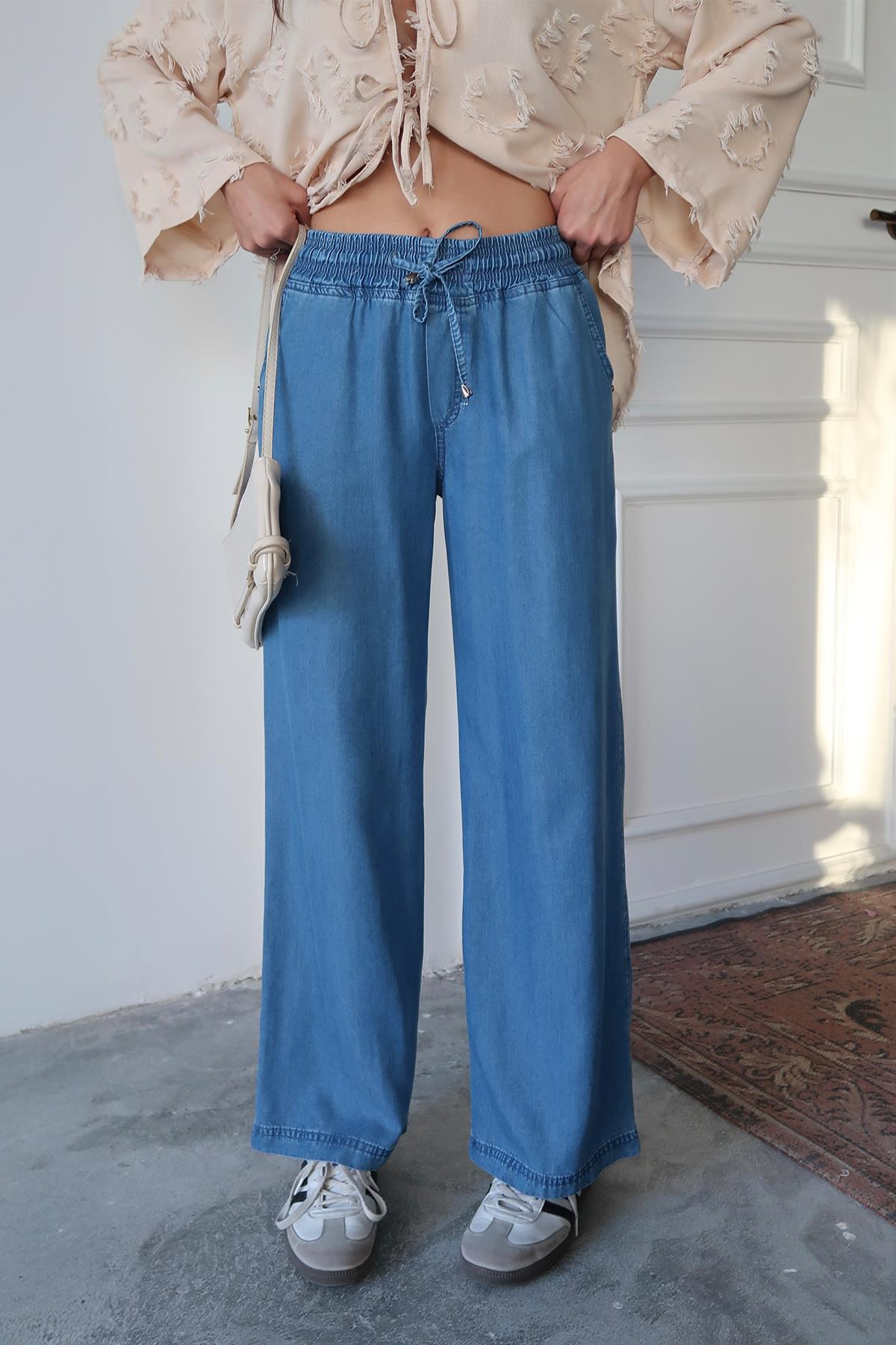 Beli Bağcıklı Rahat Kesim Liyosel Pantolon MAVİ 7585