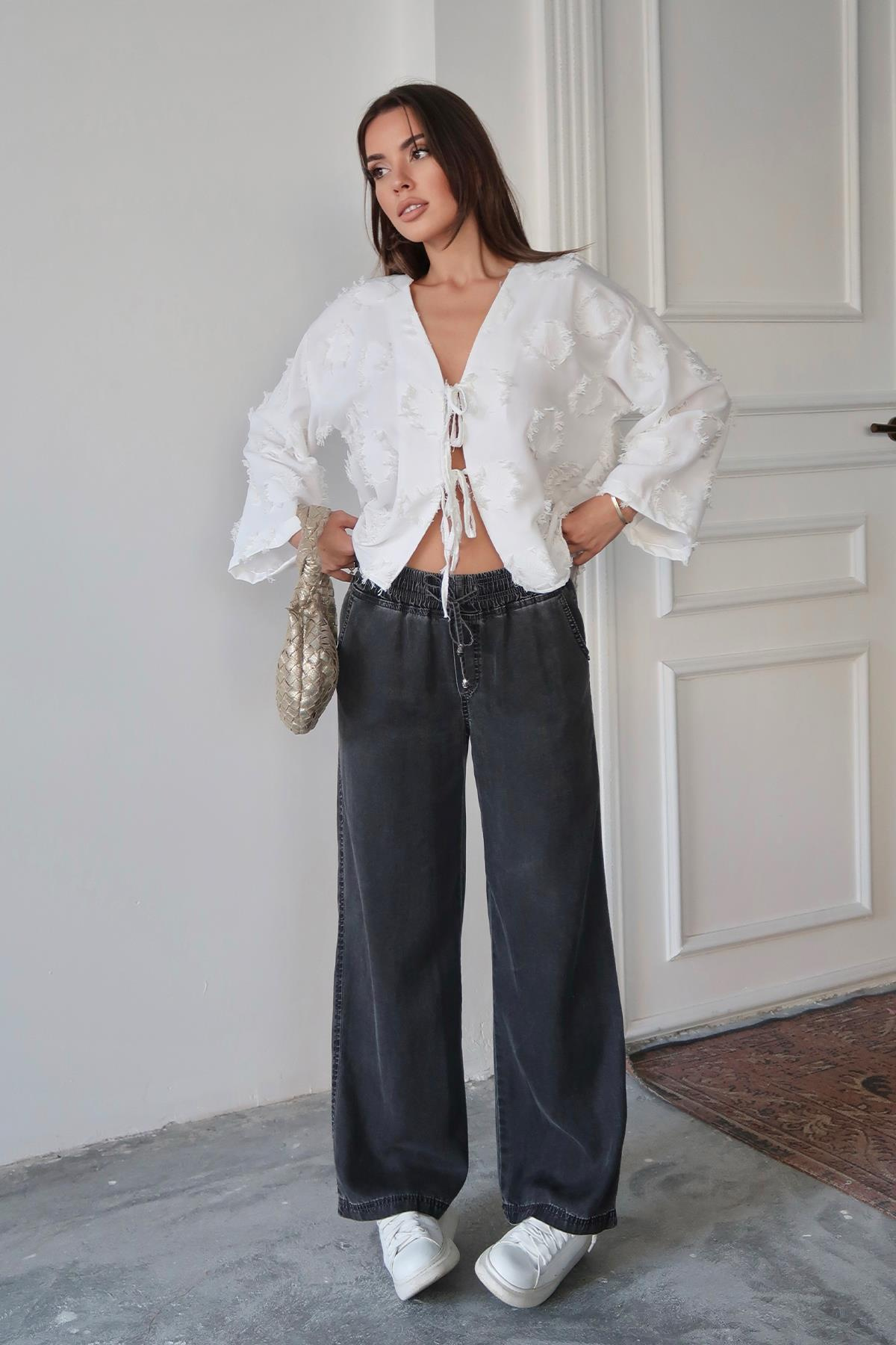 Beli Bağcıklı Rahat Kesim Liyosel Pantolon ANTRASİT 7585