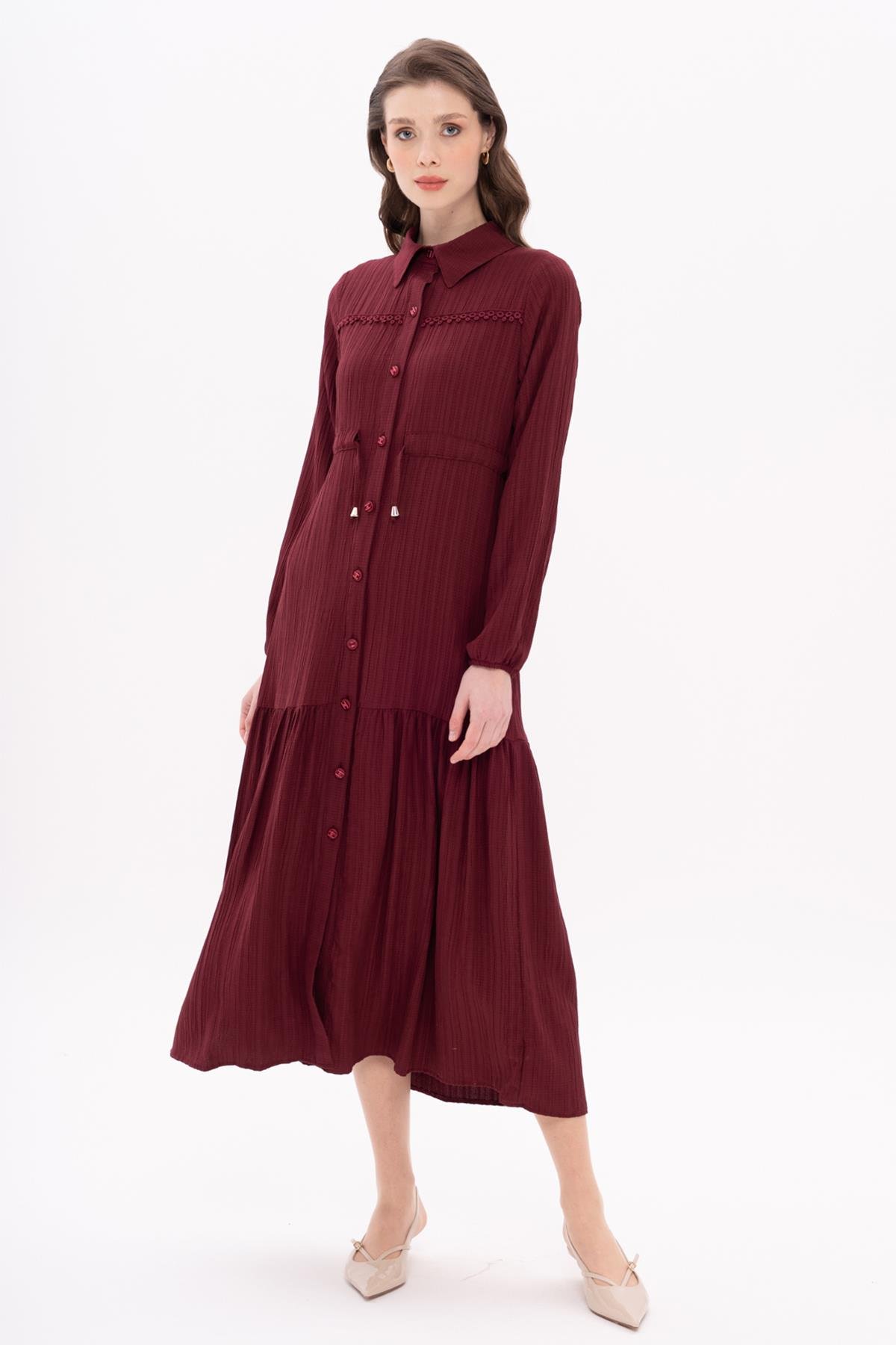 Pleated Waist Scallop Detail Dress CLARET RED 9324-E