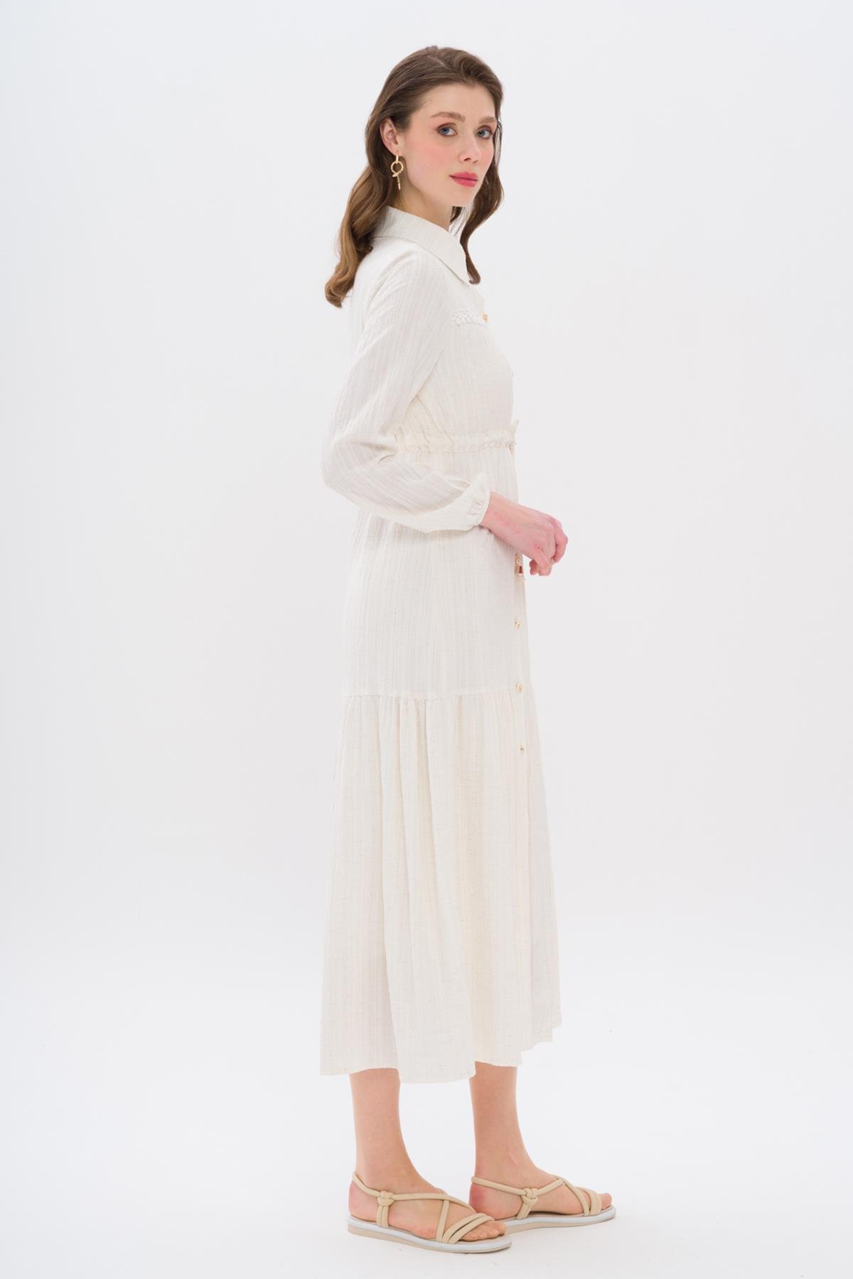 Beli Büzgülü Fisto Detaylı Elbise EKRU 9324-E