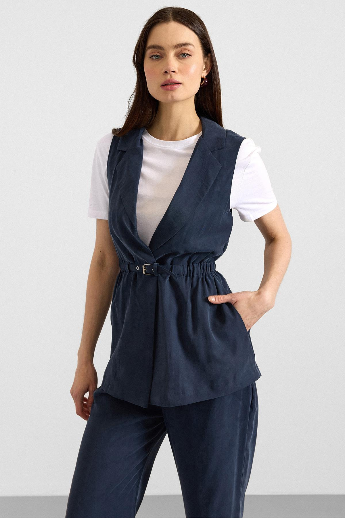 Beli Büzgülü Kemer Detaylı Modal Yelek LACİVERT 8284