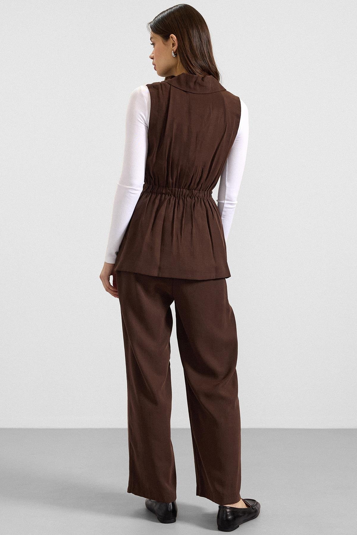 Beli Büzgülü Kemer Detaylı Modal Yelek KAHVE 8284