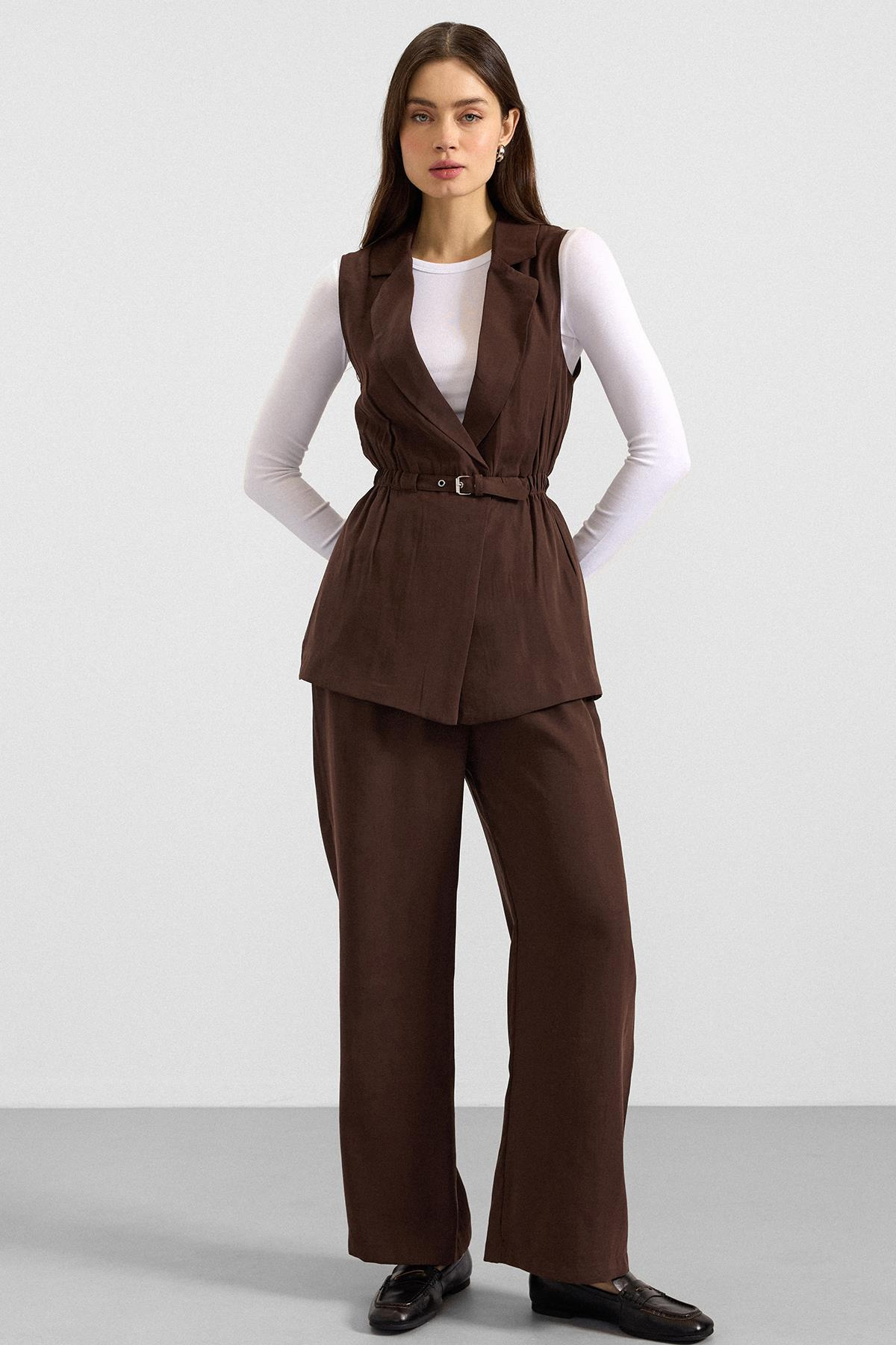 Beli Büzgülü Kemer Detaylı Modal Yelek KAHVE 8284