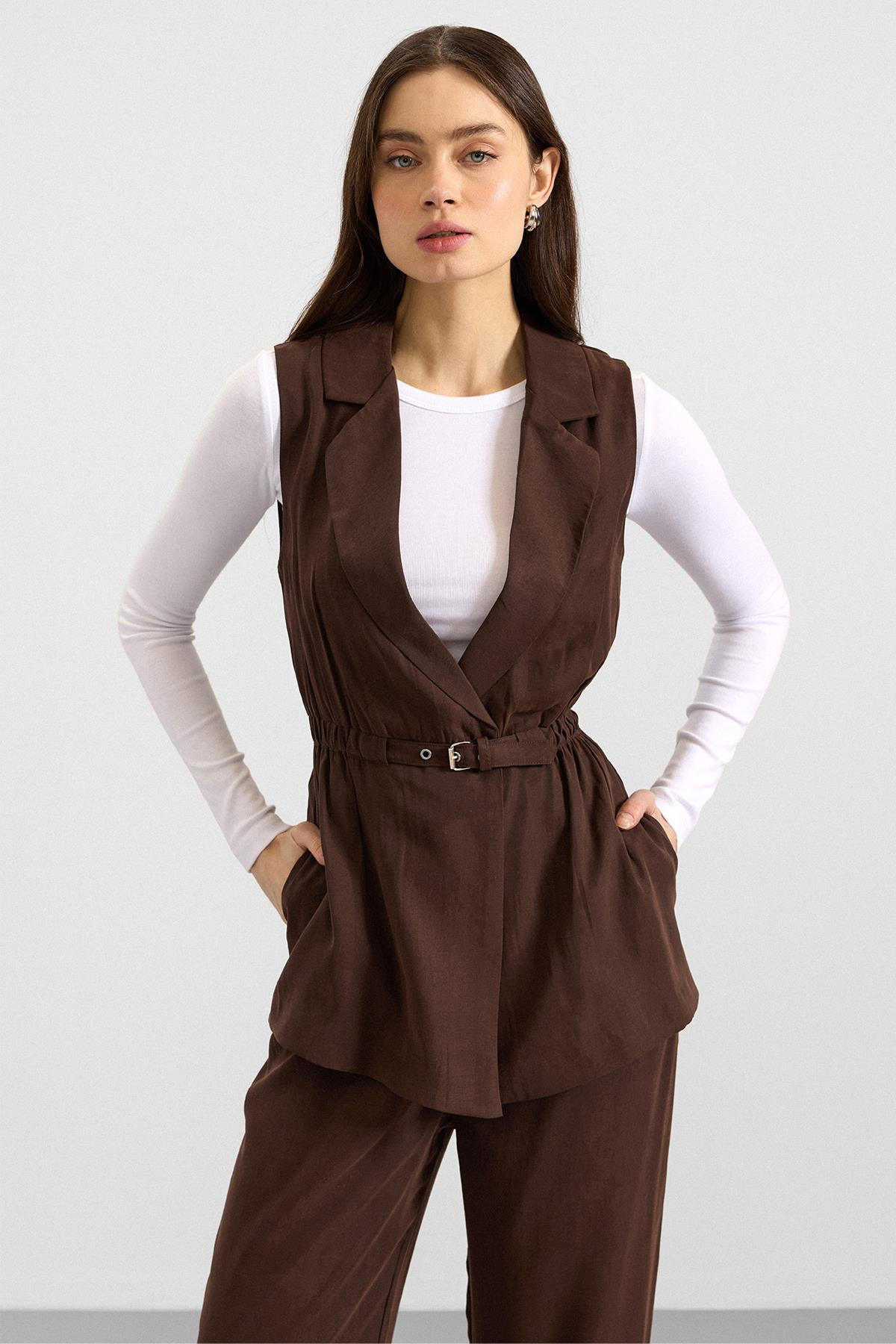 Beli Büzgülü Kemer Detaylı Modal Yelek KAHVE 8284