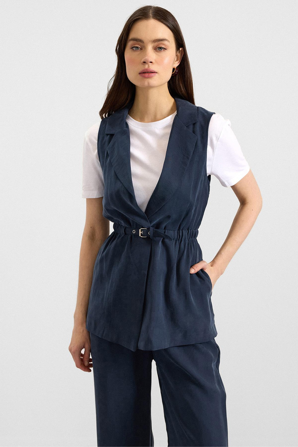 Beli Büzgülü Kemer Detaylı Modal Yelek LACİVERT 8284