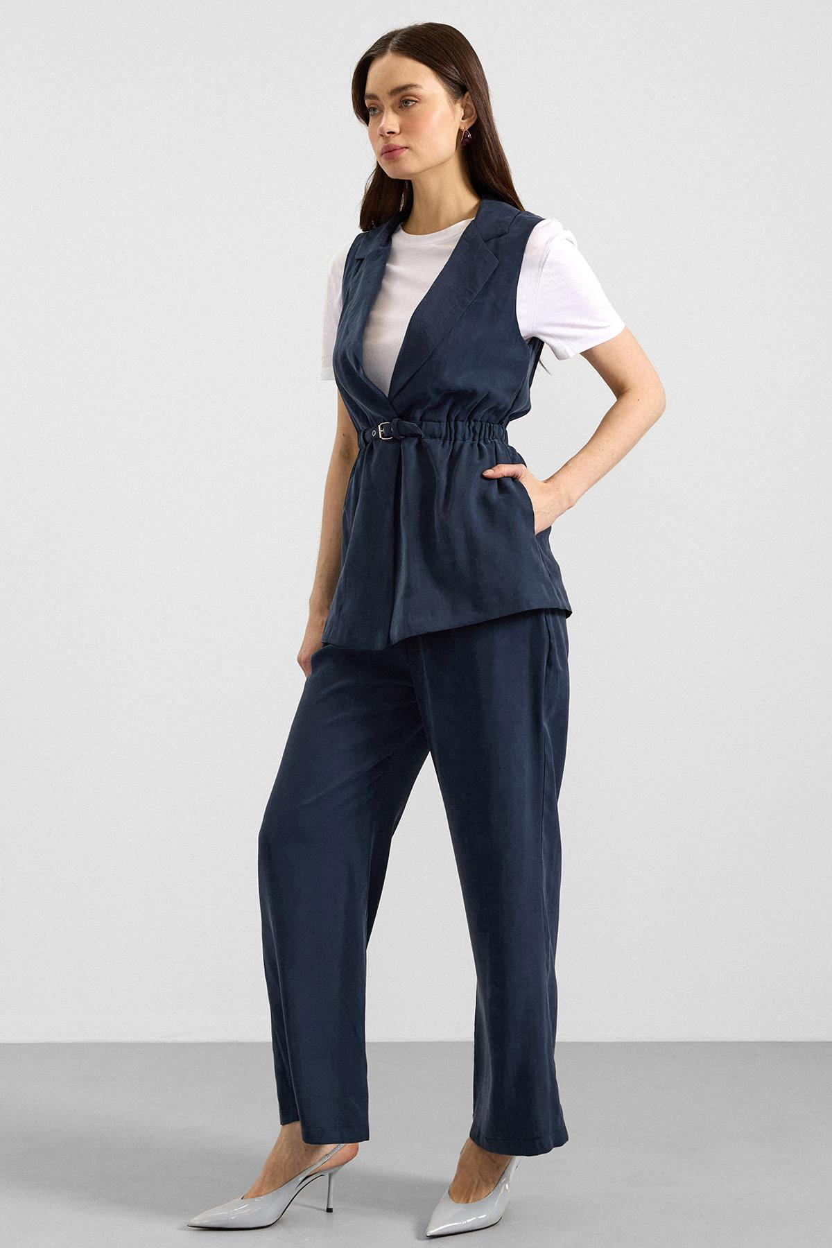 Beli Büzgülü Kemer Detaylı Modal Yelek LACİVERT 8284