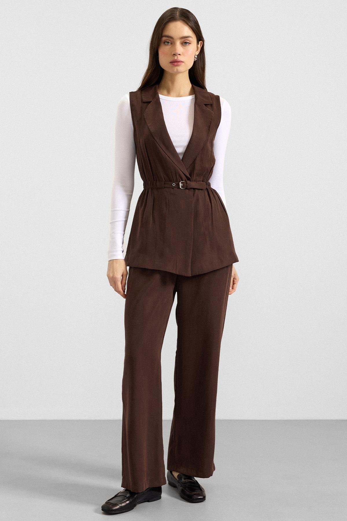 Beli Büzgülü Kemer Detaylı Modal Yelek KAHVE 8284