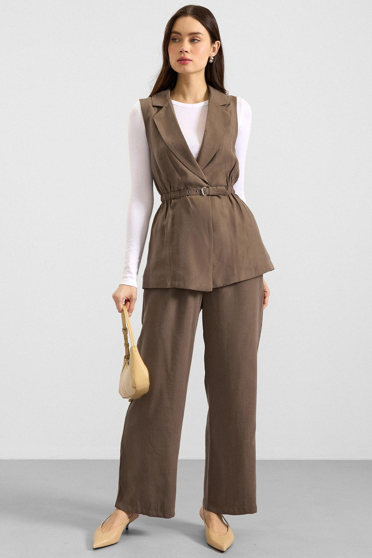 Beli Büzgülü Kemer Detaylı Modal Yelek HAKİ 8284