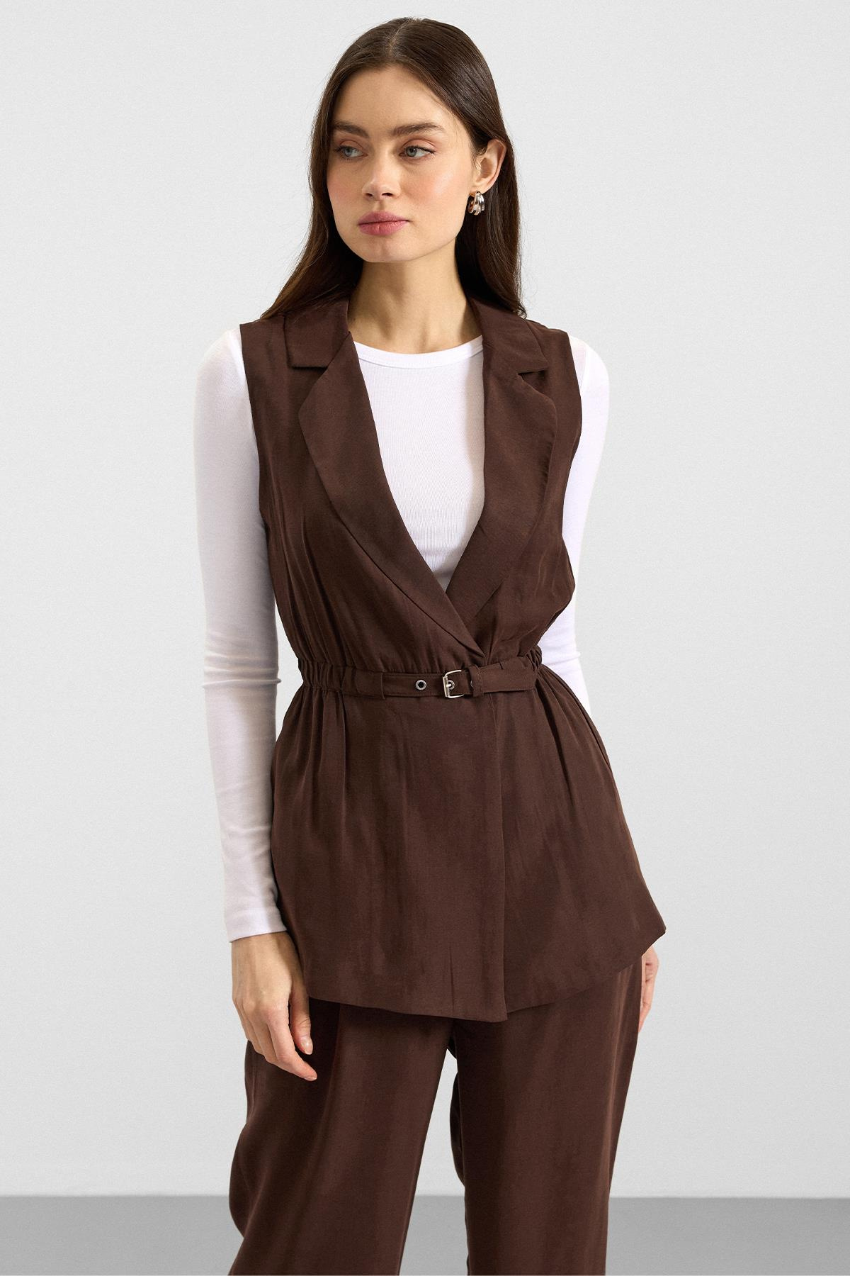 Beli Büzgülü Kemer Detaylı Modal Yelek KAHVE 8284