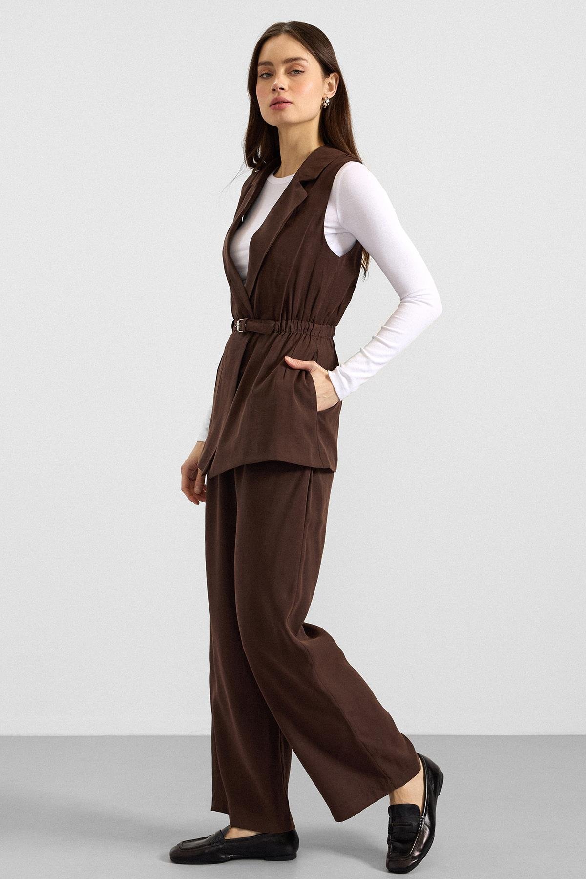 Beli Büzgülü Kemer Detaylı Modal Yelek KAHVE 8284