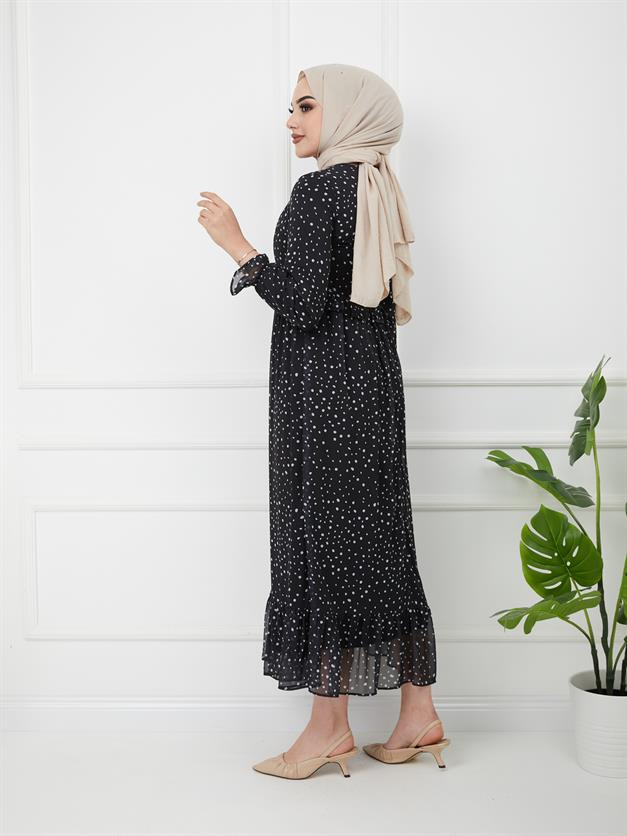 Beli Fırfırlı Puantiye Desenli Elbise SİYAH 9774-E