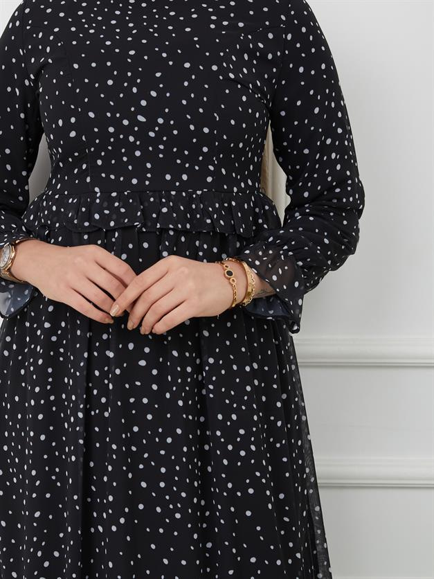 Beli Fırfırlı Puantiye Desenli Elbise SİYAH 9774-E