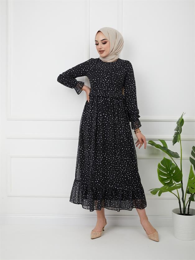 Beli Fırfırlı Puantiye Desenli Elbise SİYAH 9774-E