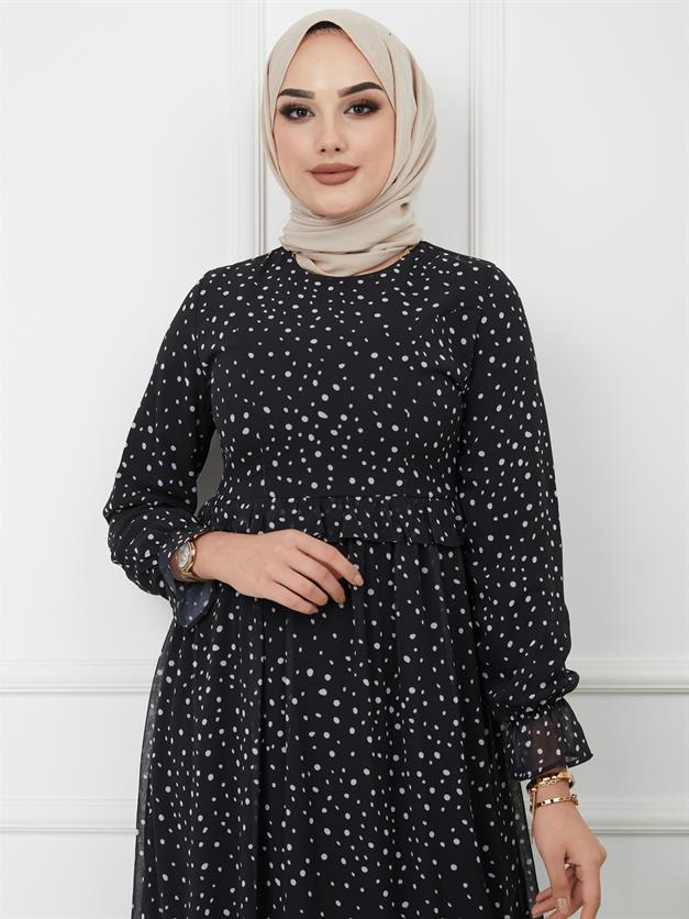 Beli Fırfırlı Puantiye Desenli Elbise SİYAH 9774-E