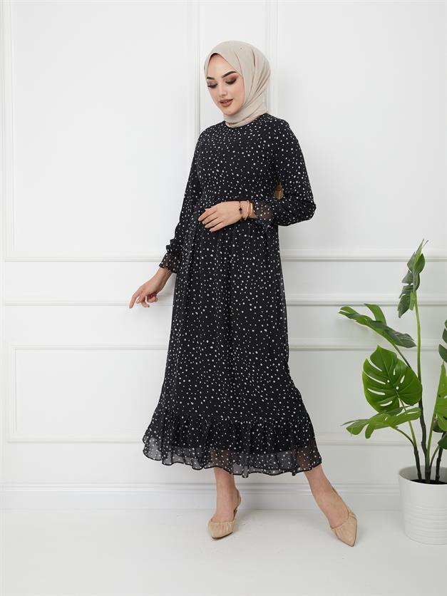 Beli Fırfırlı Puantiye Desenli Elbise SİYAH 9774-E