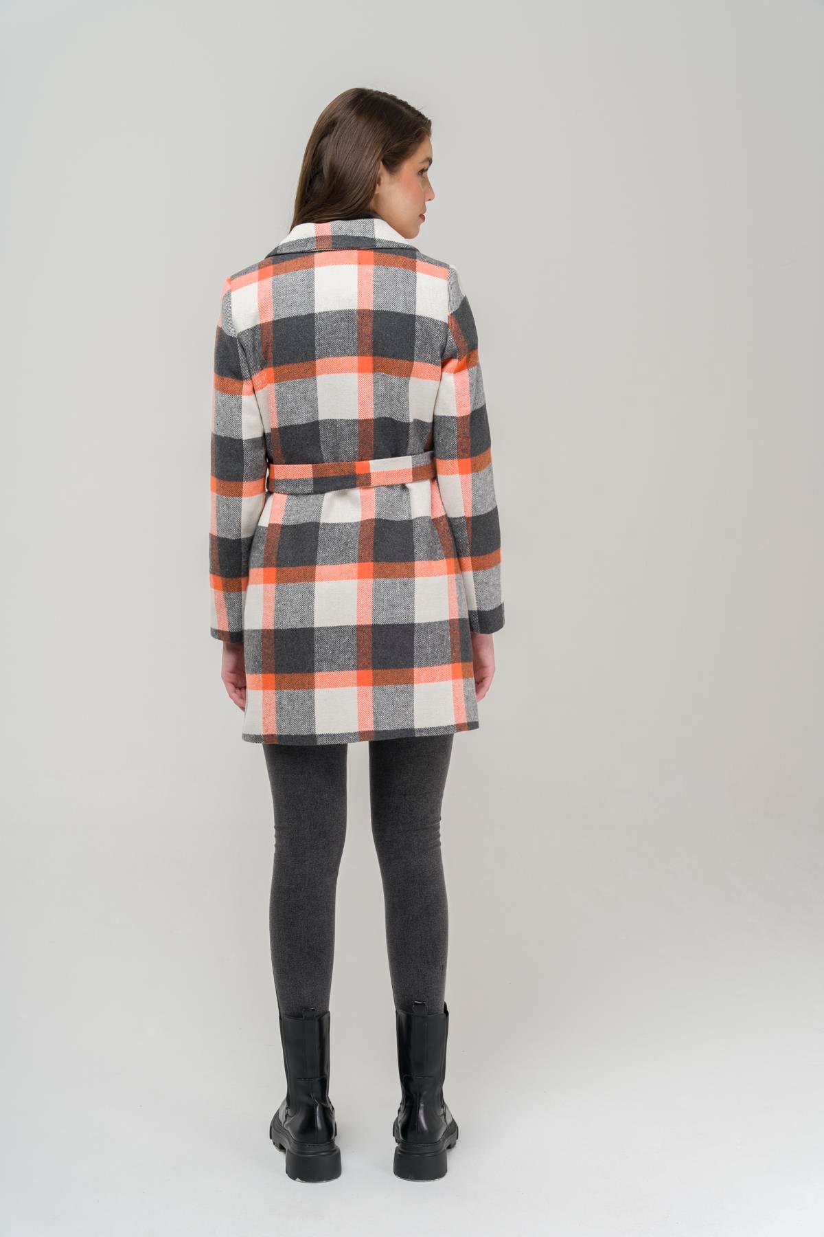 Beli Kuşaklı Astarlı Ekose Desenli Kaban ORANJ 3927-E