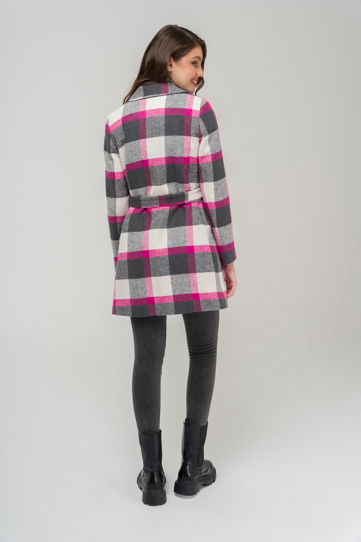 Beli Kuşaklı Astarlı Ekose Desenli Kaban FUŞYA 3927-E