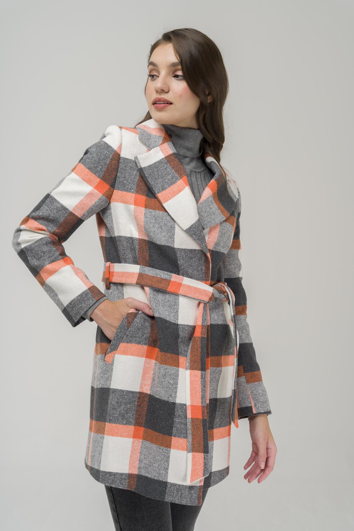 Beli Kuşaklı Astarlı Ekose Desenli Kaban ORANJ 3927-E