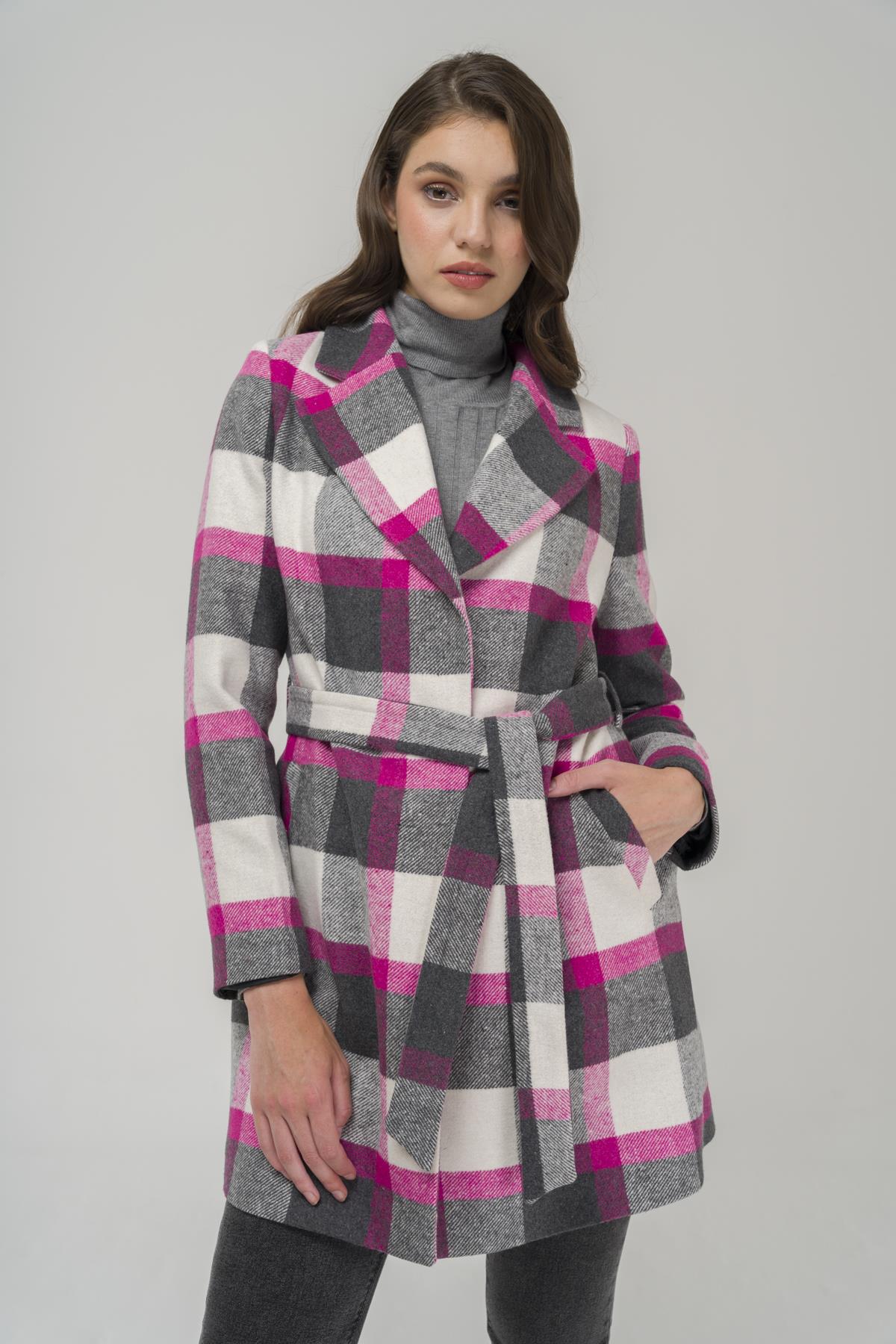 Beli Kuşaklı Astarlı Ekose Desenli Kaban FUŞYA 3927-E