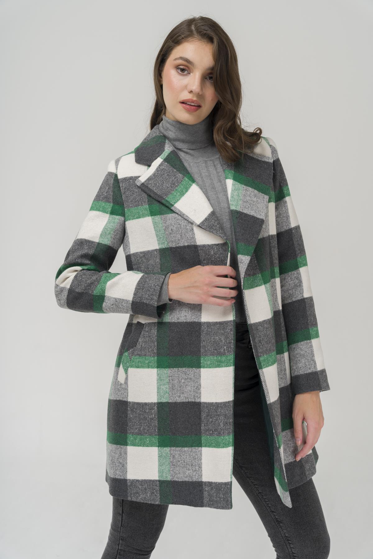 Beli Kuşaklı Astarlı Ekose Desenli Kaban YEŞİL 3927-E