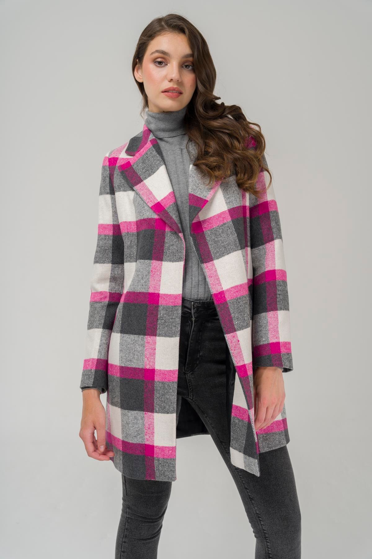 Beli Kuşaklı Astarlı Ekose Desenli Kaban FUŞYA 3927-E