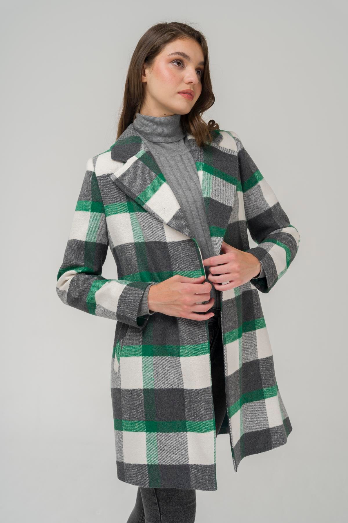 Beli Kuşaklı Astarlı Ekose Desenli Kaban YEŞİL 3927-E