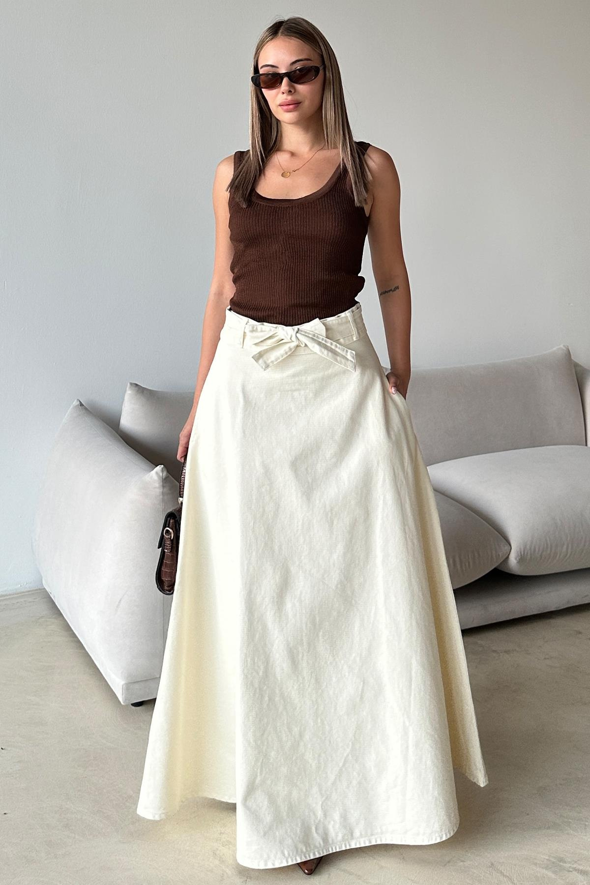 Beli Kuşaklı Denim Çan Uzun Etek EKRU 7064