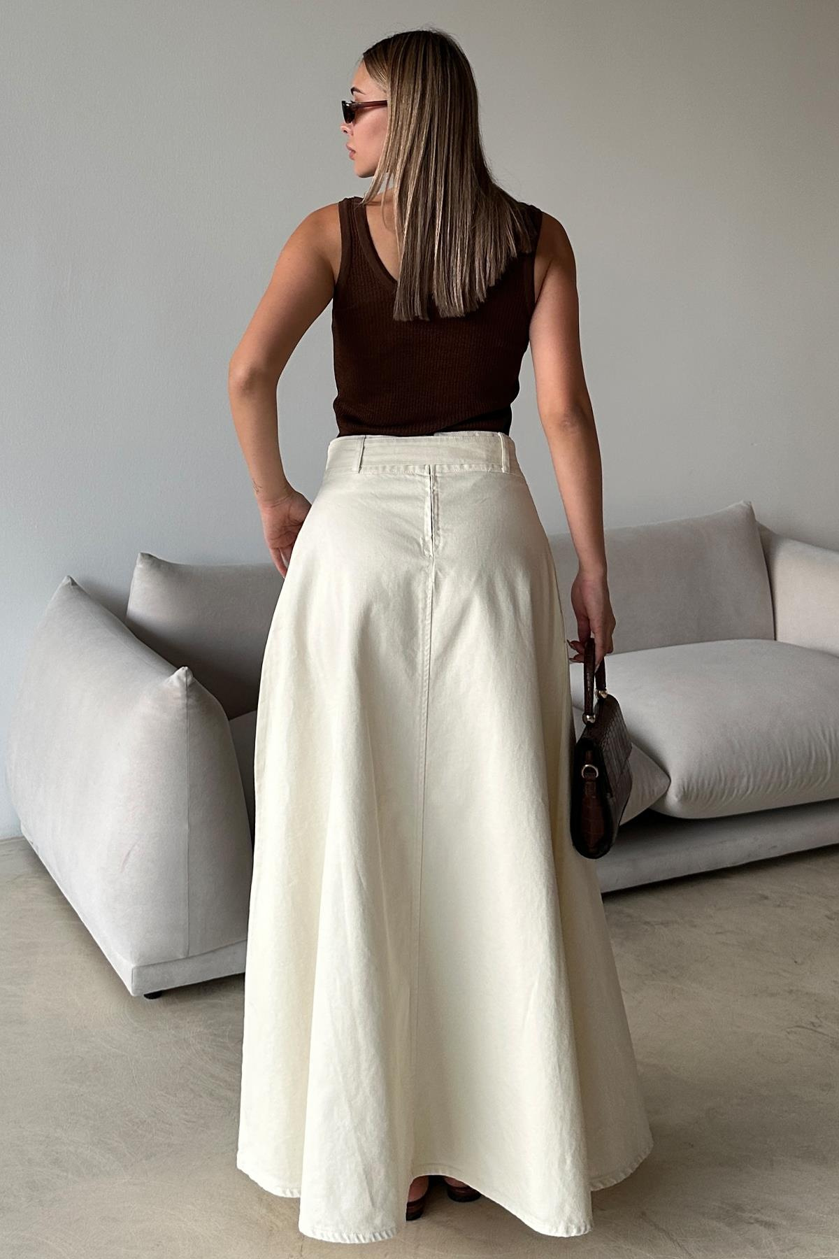 Beli Kuşaklı Denim Çan Uzun Etek EKRU 7064