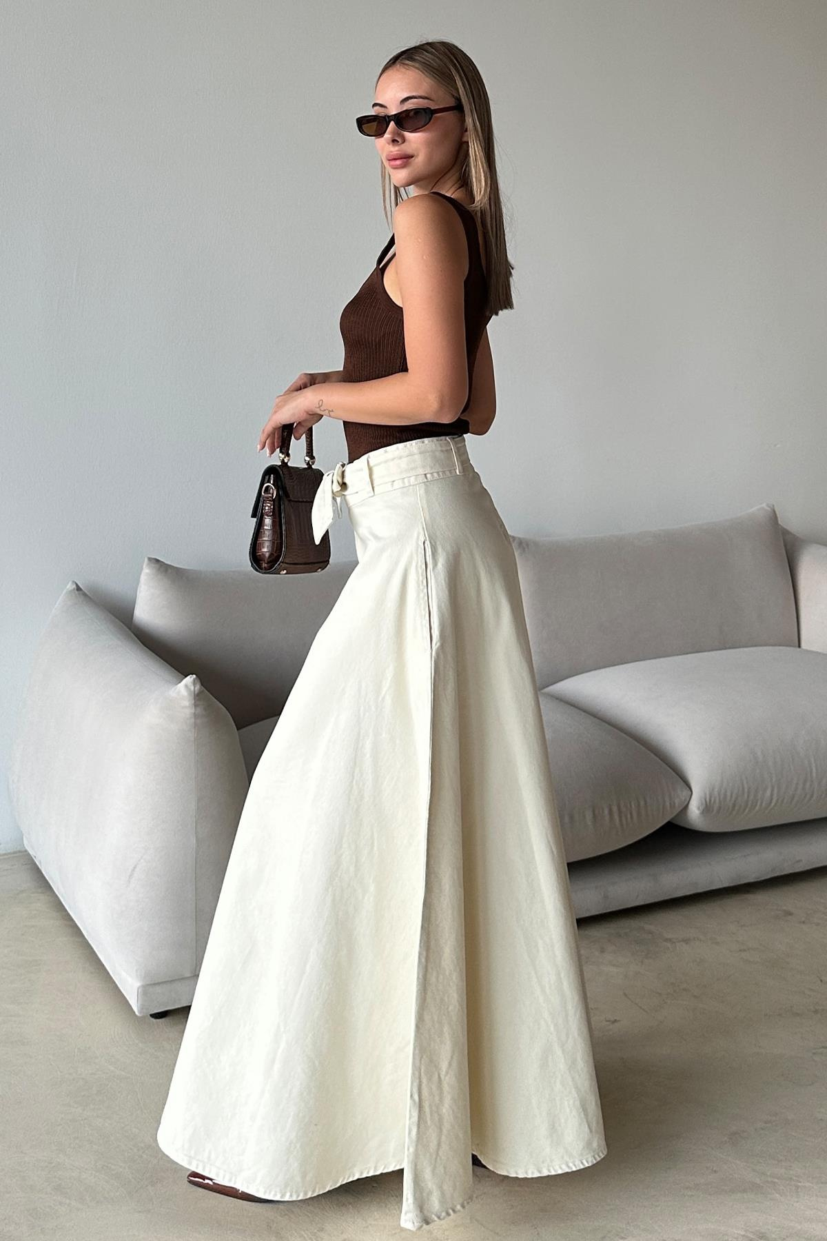 Beli Kuşaklı Denim Çan Uzun Etek EKRU 7064