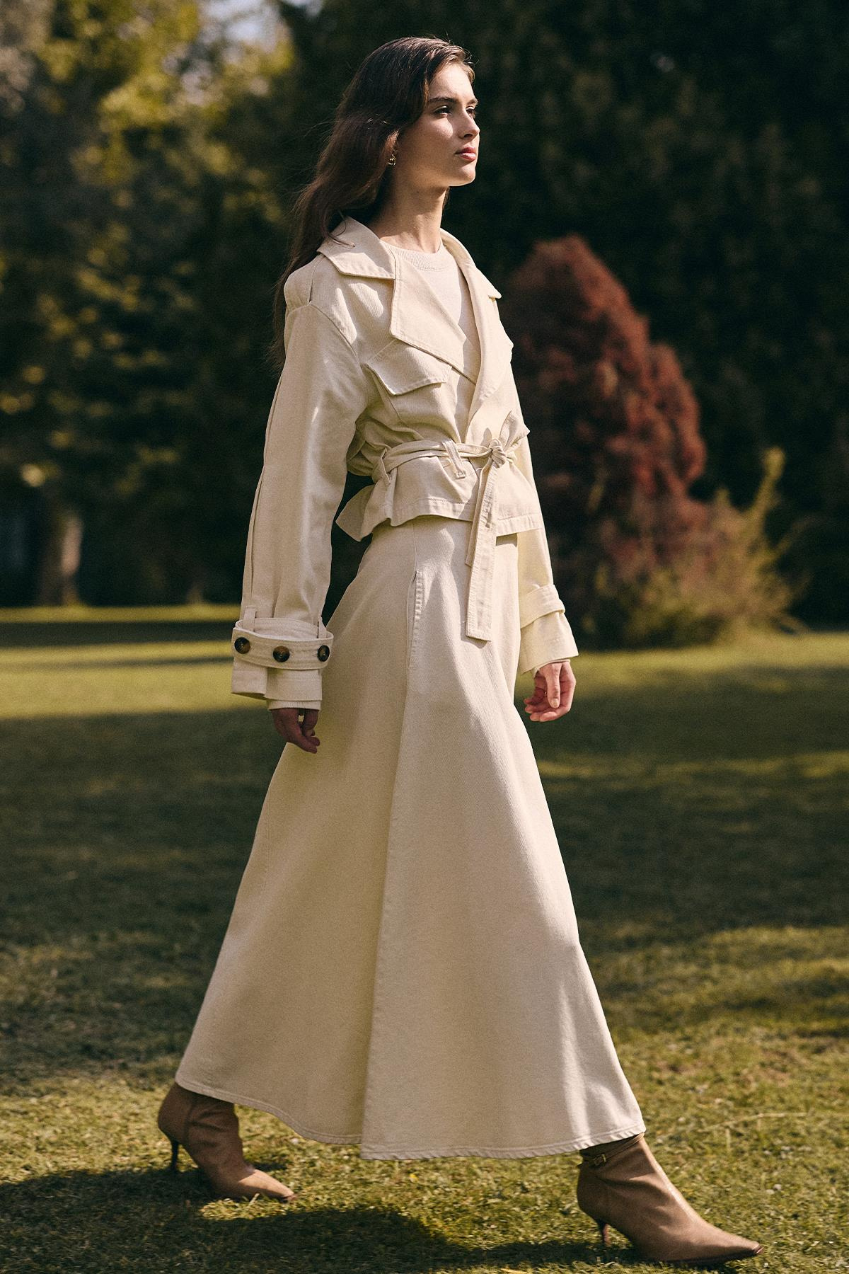 Beli Kuşaklı Denim Çan Uzun Etek EKRU 7064