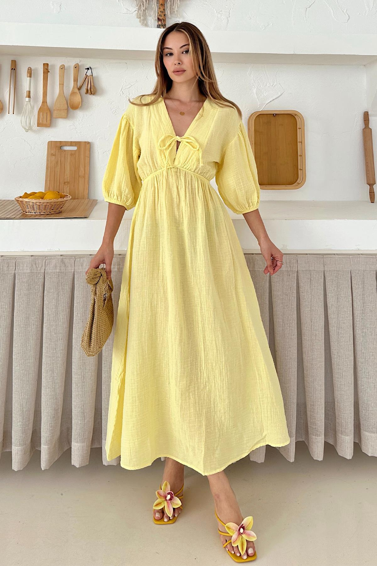 Half Sleeve Muslin Dress with Elastic Waist Lace Detail SARI 9331-E