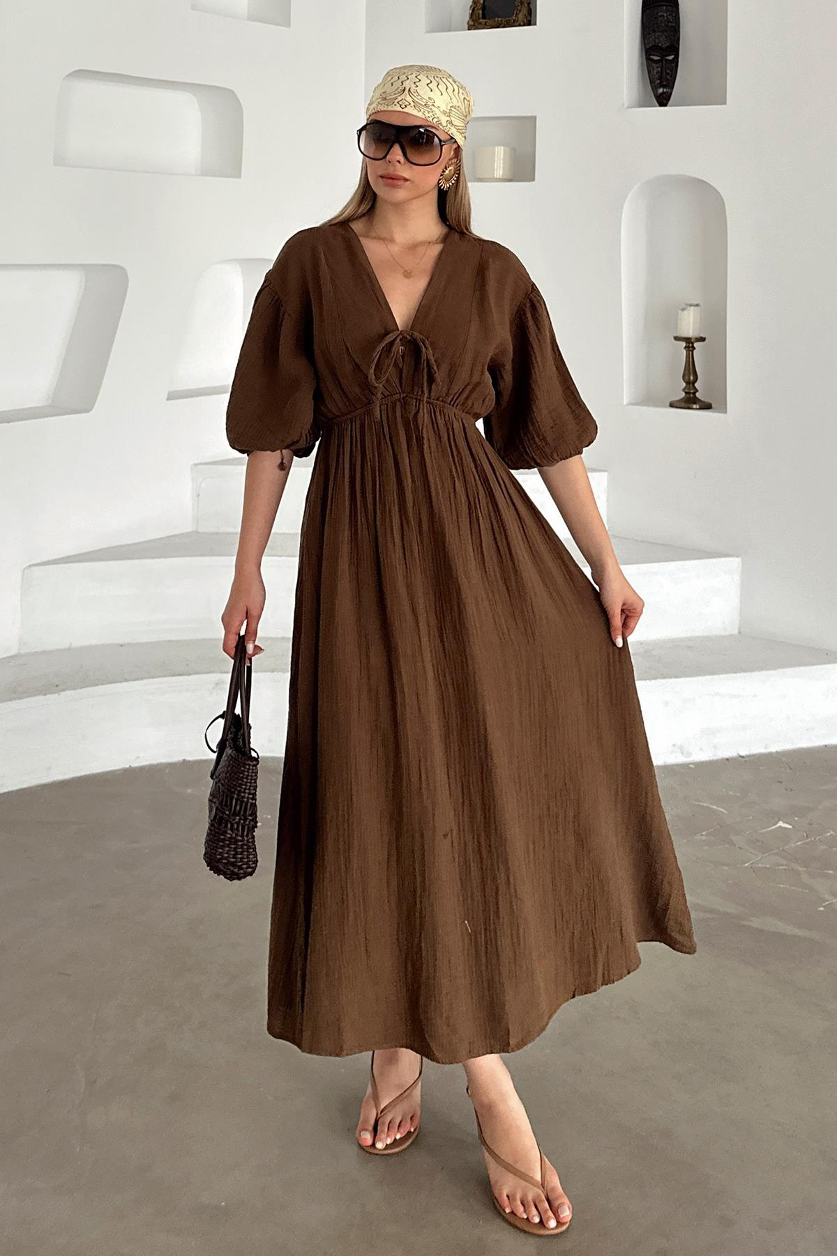 Half Sleeve Muslin Dress with Elastic Waist Lace Detail COFFEE 9331-E