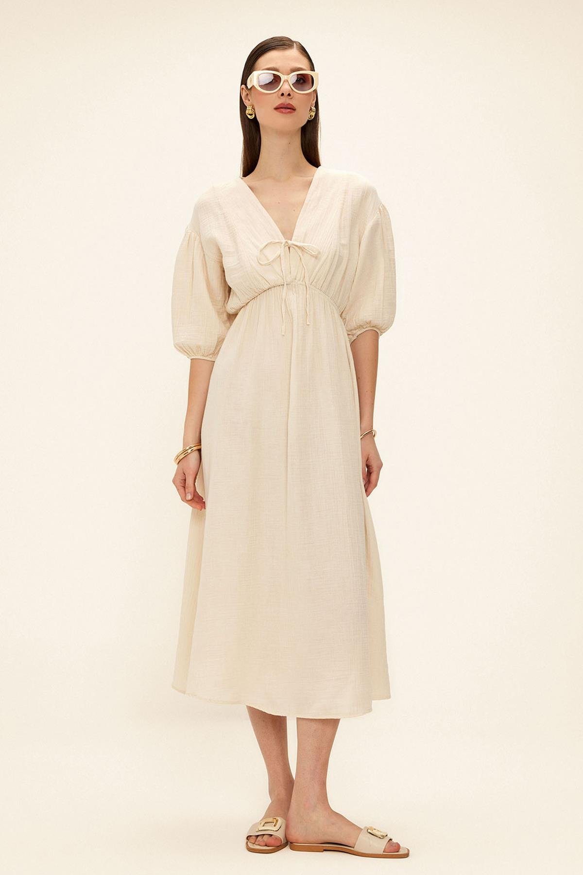 Half Sleeve Muslin Dress with Elastic Waist Lace Detail IVORY 9331-E