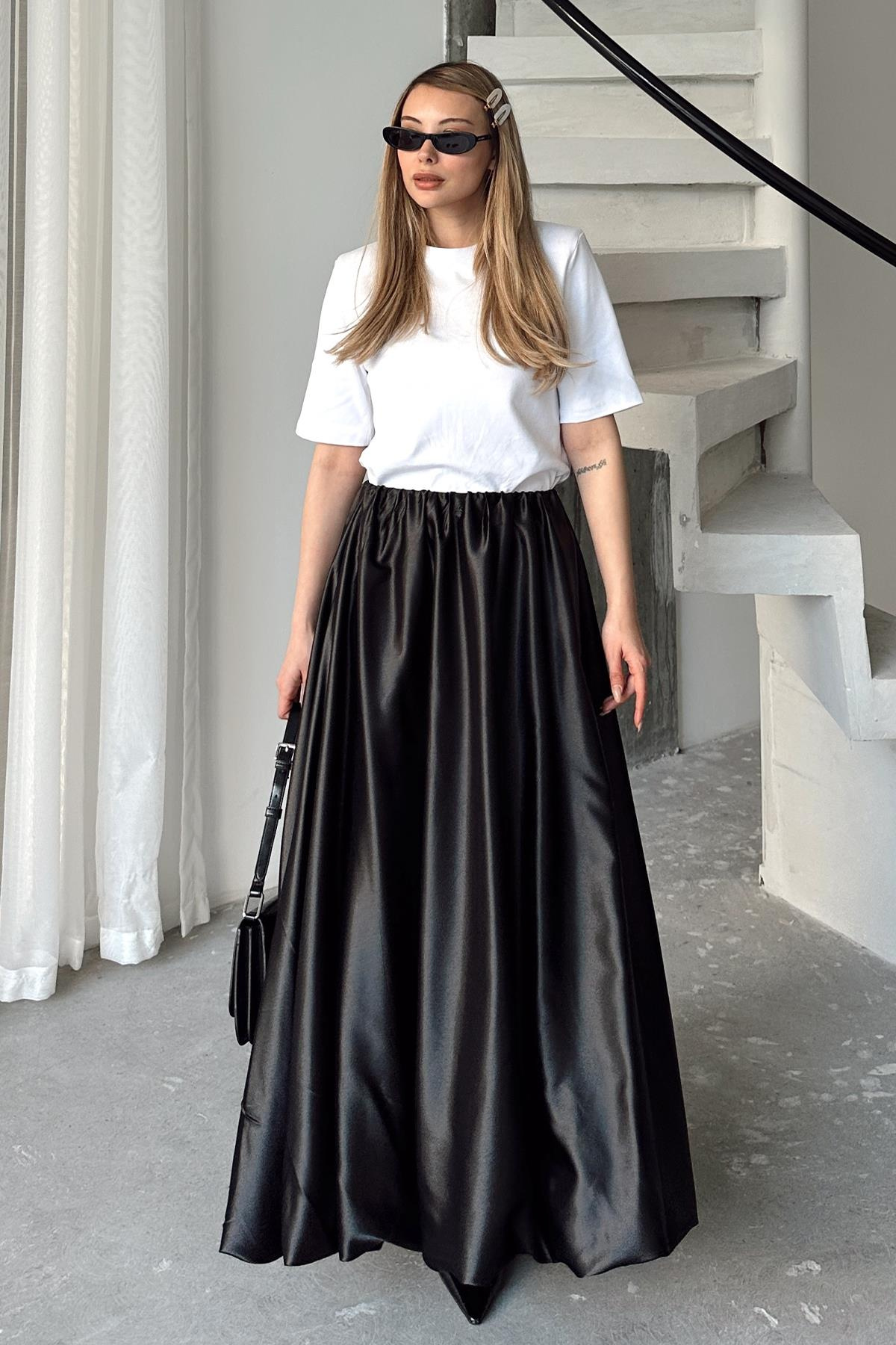 Elastic Waist Balloon Satin Skirt BLACK 7058