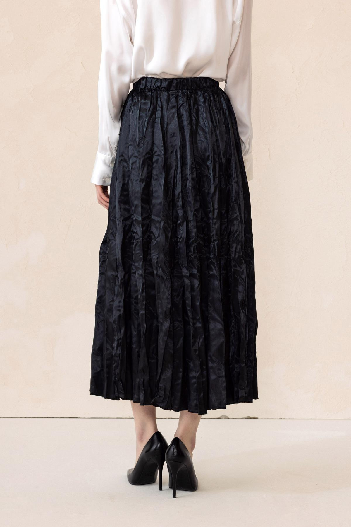 Beli Lastikli Kırışık Saten Etek SİYAH 7059